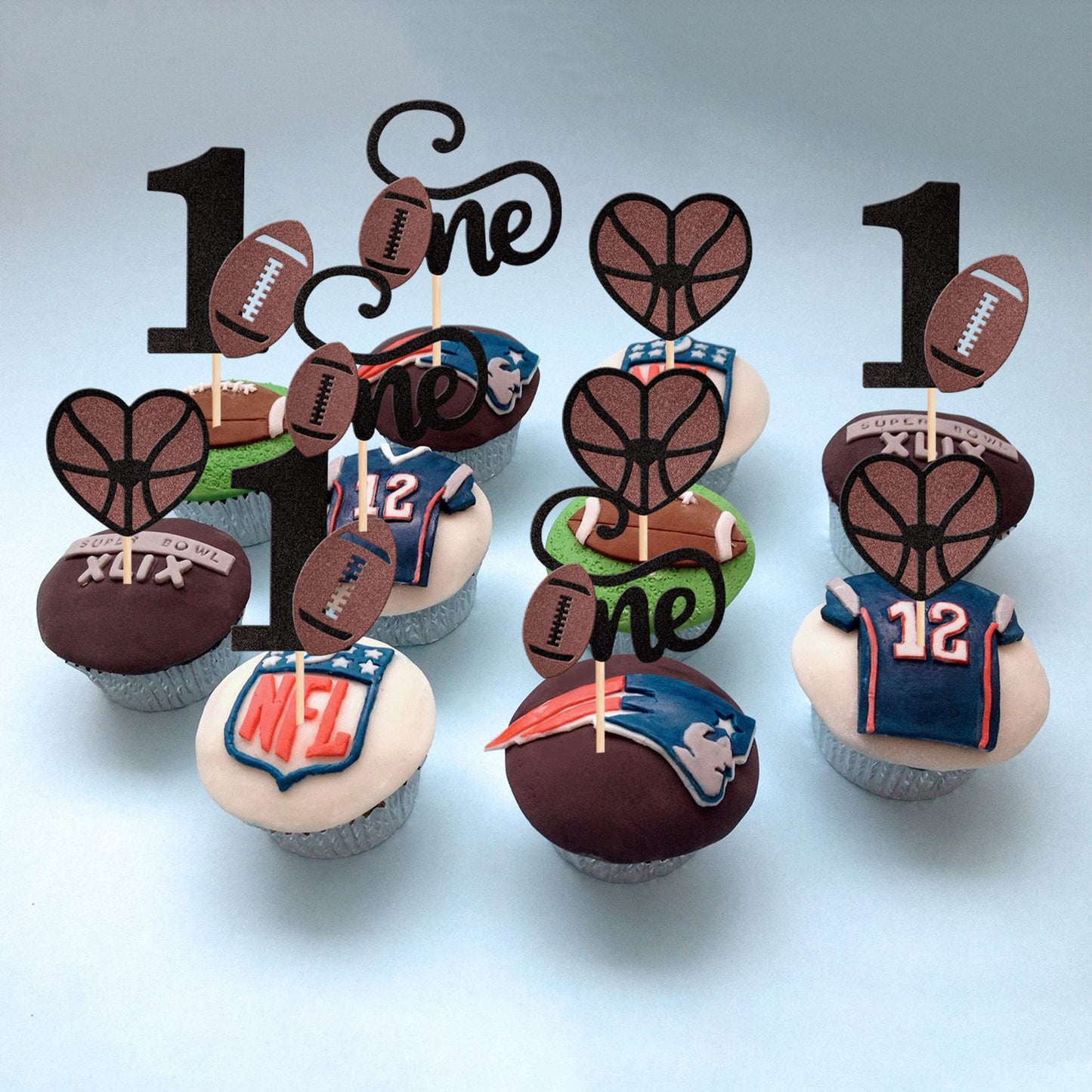 24 Pcs Rugby Ball One Cupcake Toppers Glitter Love Heart American Football 2St Birthday Cupcake Picks For Rugby Sports Theme Bab
