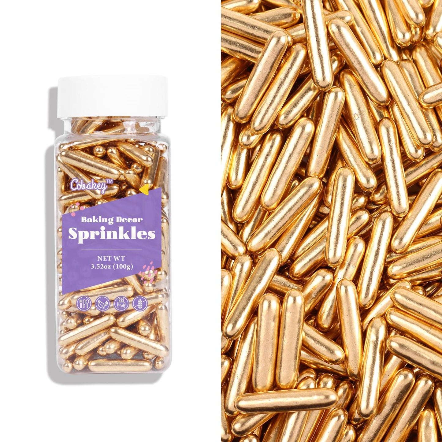 Cobakey Bright Gold Sprinkles For Cake Decorations 100G/ 3.52Oz Rods Metallic Pearl Sugar Sprinkles For Cupcake Toppers Wedding