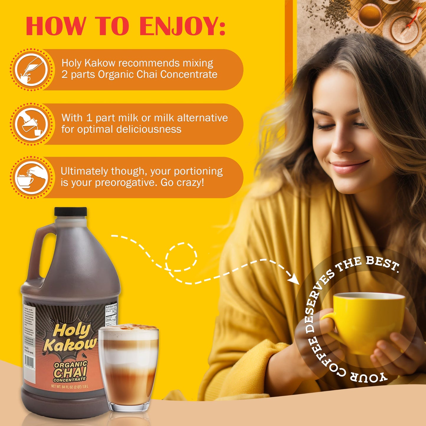 Holy Kakow Organic Chai Concentrate - Made With Black Tea and Spices, Plant-Based, Non-GMO, Delicious Hot or Iced - 64oz