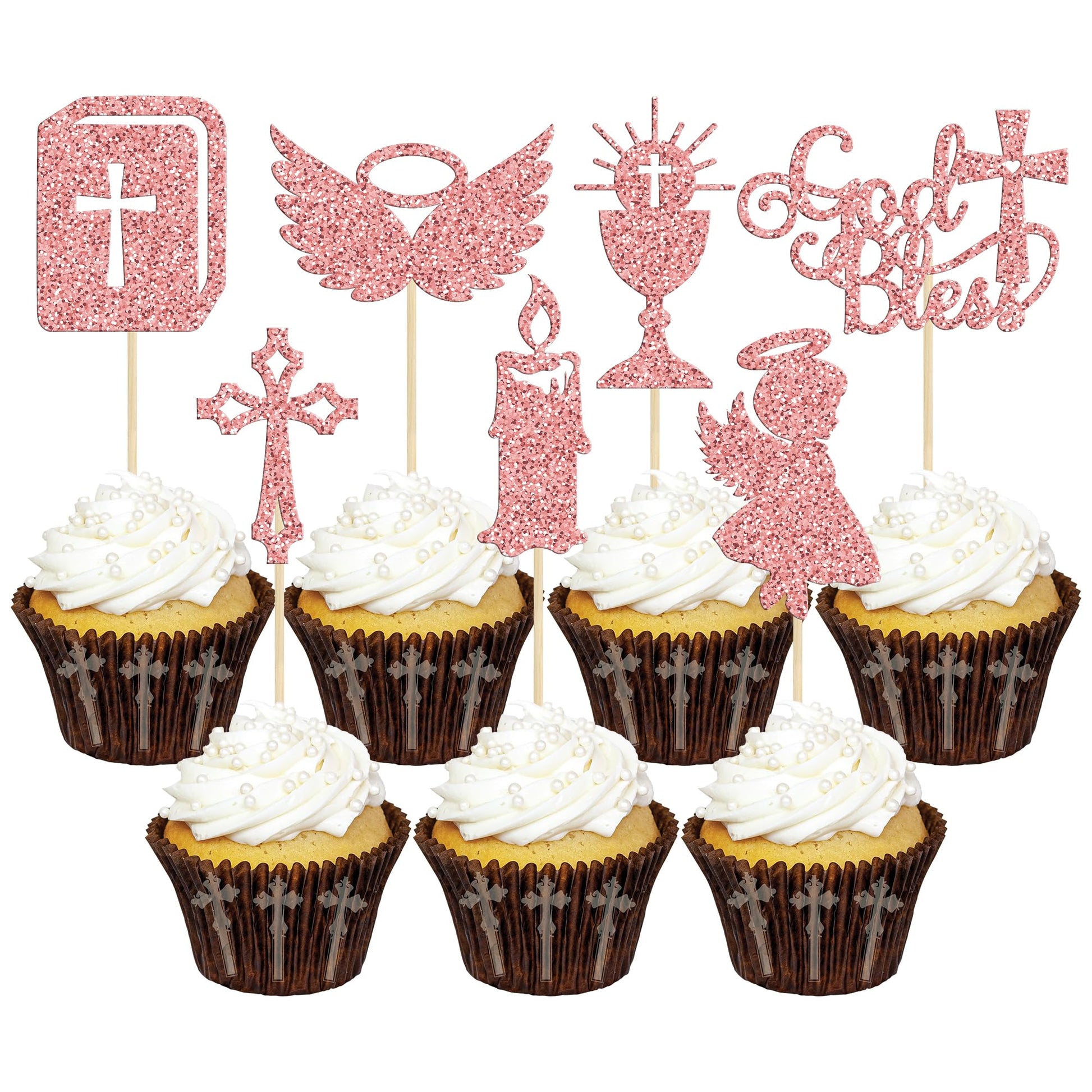Gyufise 28Pcs God Bless Cupcake Toppers Rose Gold Glitter Girls Baptism Cupcake Toppers Angel Chalice Bible Cross Cake Decoratio
