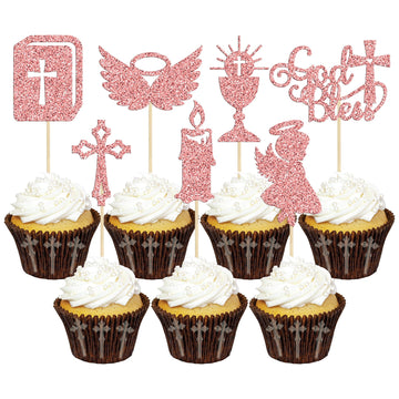 Gyufise 28Pcs God Bless Cupcake Toppers Rose Gold Glitter Girls Baptism Cupcake Toppers Angel Chalice Bible Cross Cake Decoratio