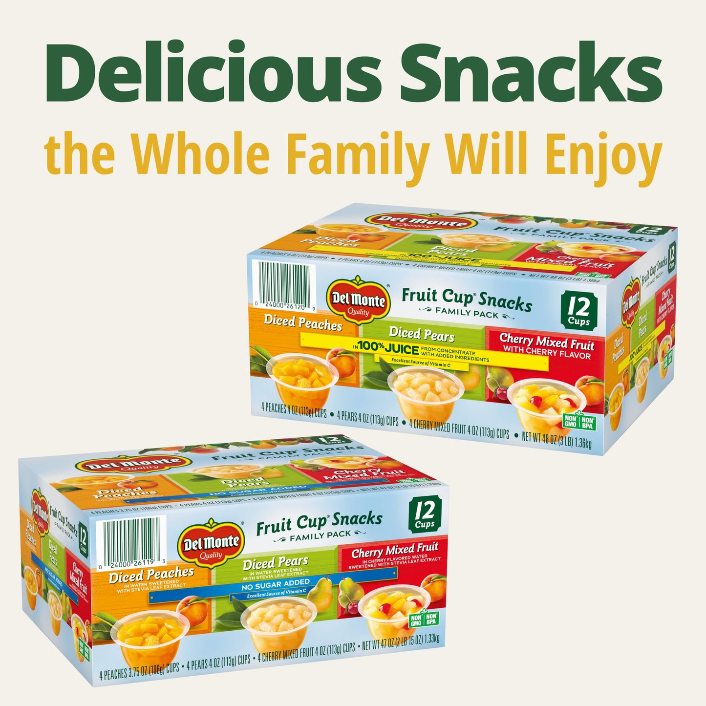 Del Monte Fruit Cup Snacks Variety Pack, 100% Juice, 4 oz Cups, 12 Pack, Diced Peaches, Diced Pears, Cherry Mixed Fruit