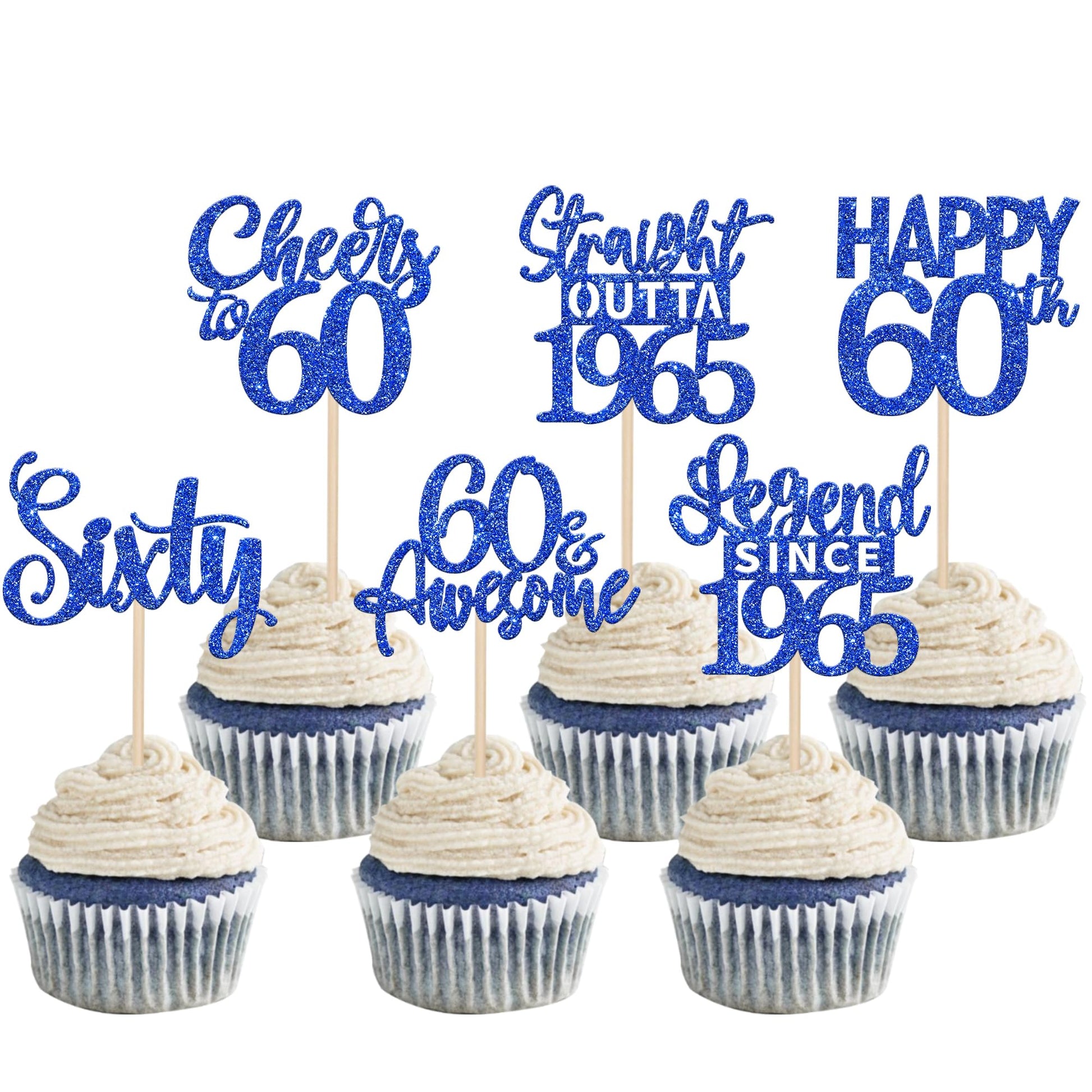 ZHUOWEISM 24PCS Cupcake Toppers, Blue Paper Decorations for 60th Birthday Party, Cheers to 1965