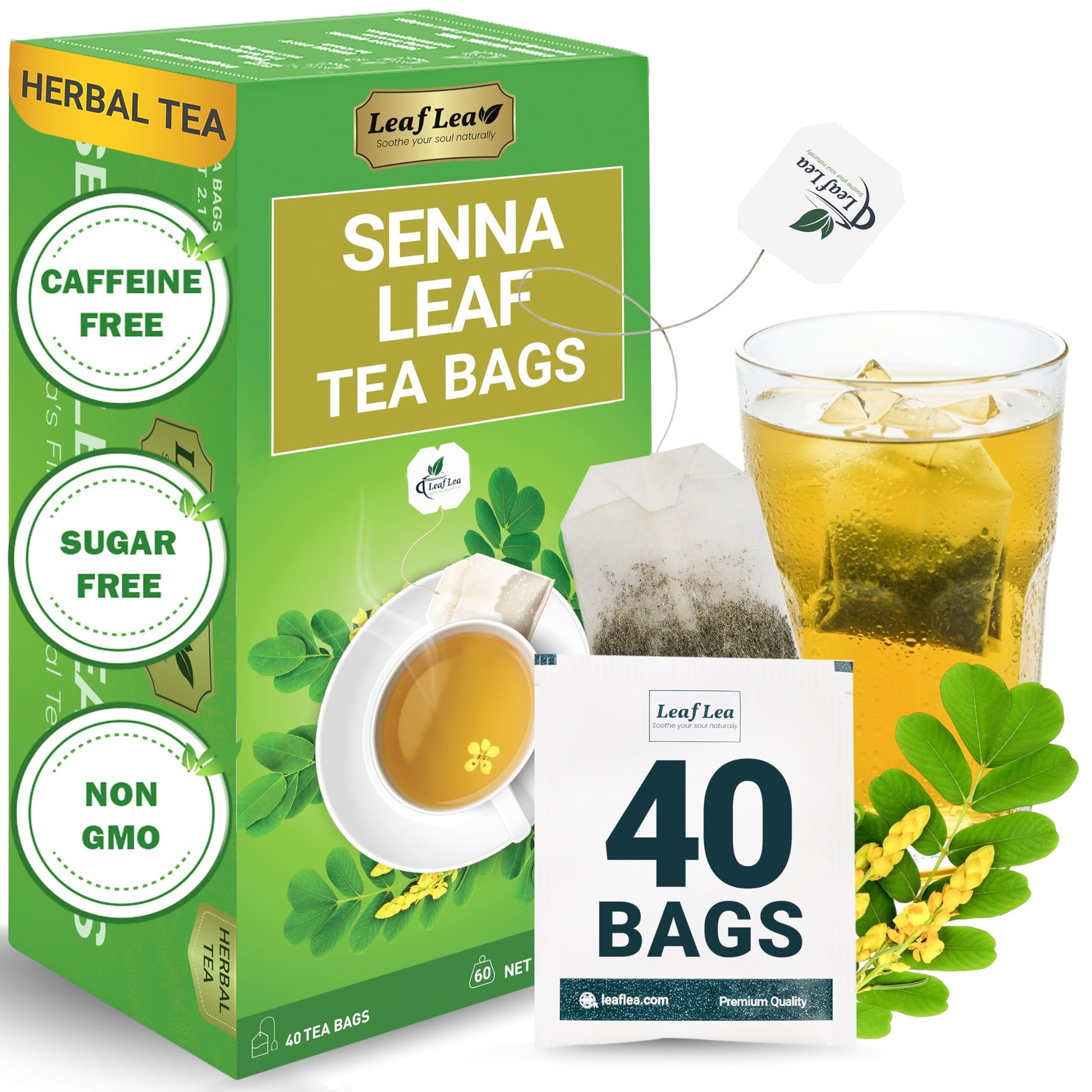 LeafLea Senna Tea Bags - Herbal Laxative Tea, Caffeine-Free, Sugar-Free, Vegan - 40 Bags (Pack of 1)