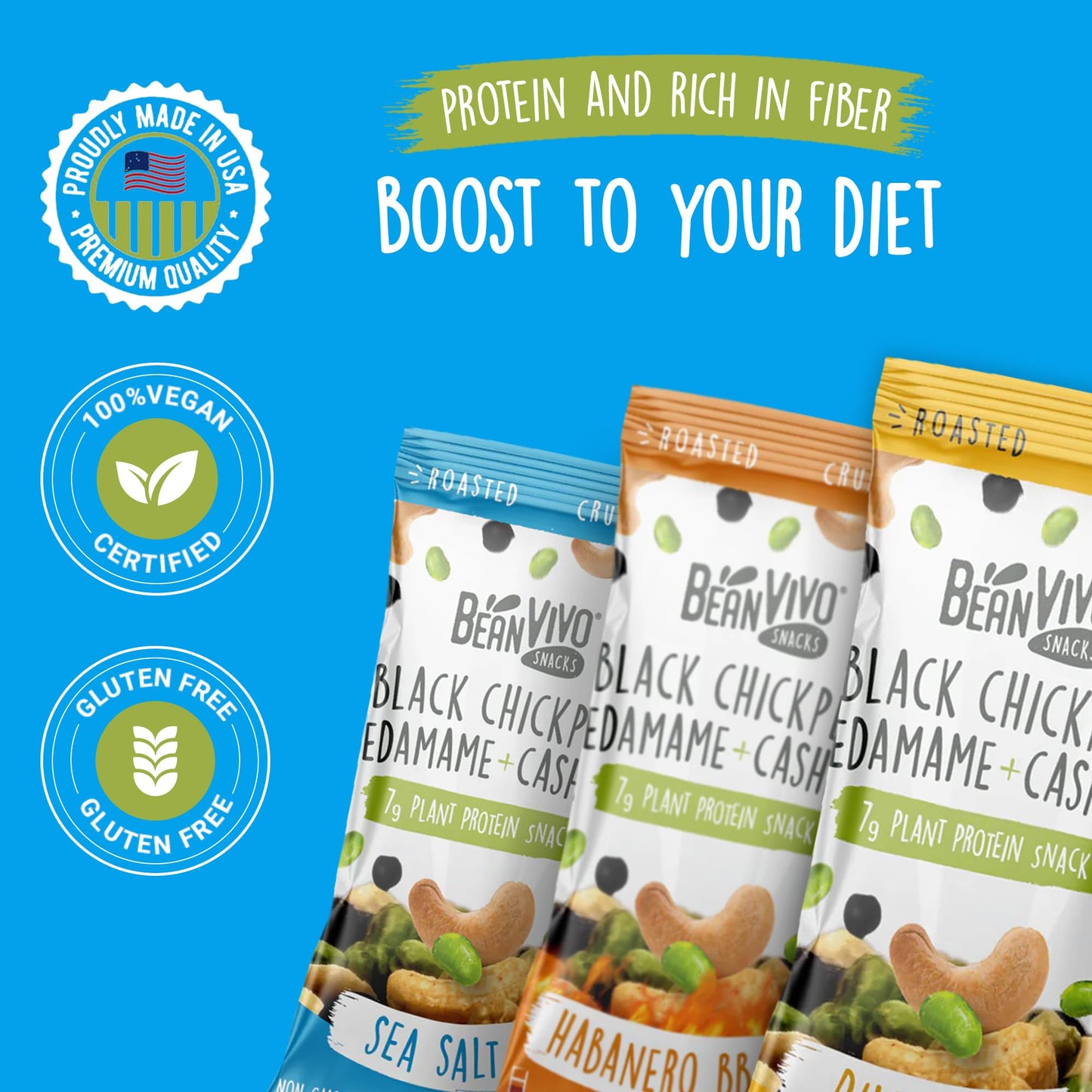 BeanVIVO Plant Based Protein Snacks - Flavors Sea Salt, Habanero BBQ & Dill Pickle with Dried Edamame, Roasted Cashew and Chickp