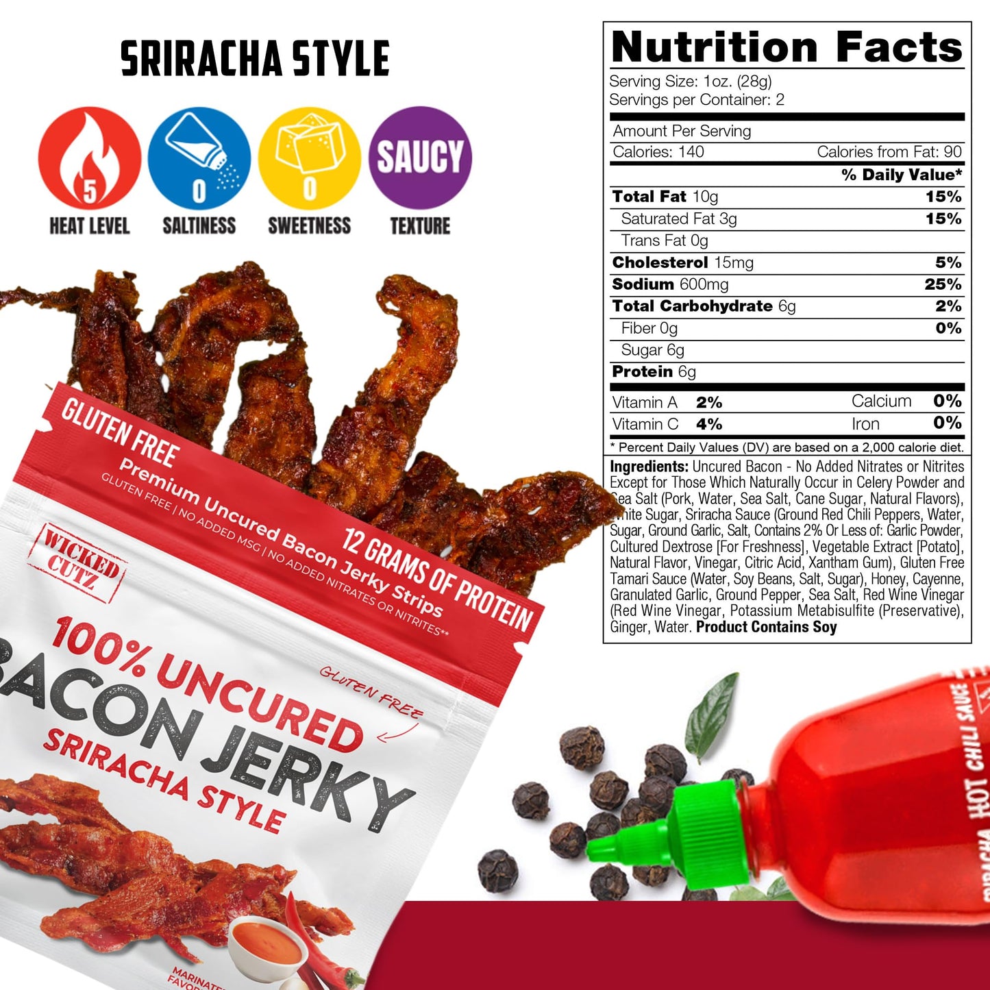 Wicked Cutz Sriracha Flavored Bacon Jerky, 12G Protein Per Bag, Tender & Easy To Chew Fully Cooked Bacon, Usa Made High Protein