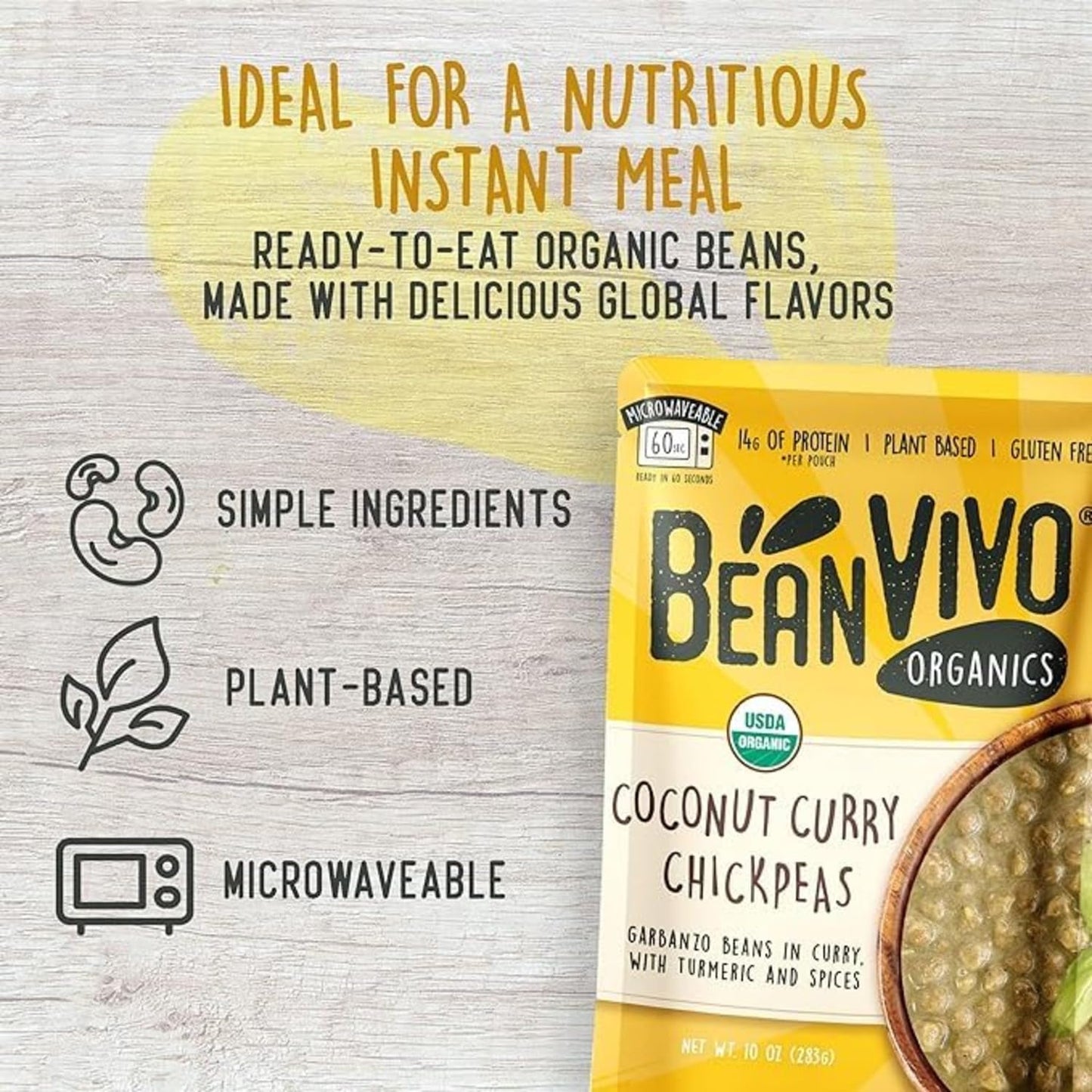 Beanvivo (Pack Of 3) Organics Plant Based Coconut Curry Chickpeas - Good Source Of Fiber - Nutritious & Microwave Meals - Gluten