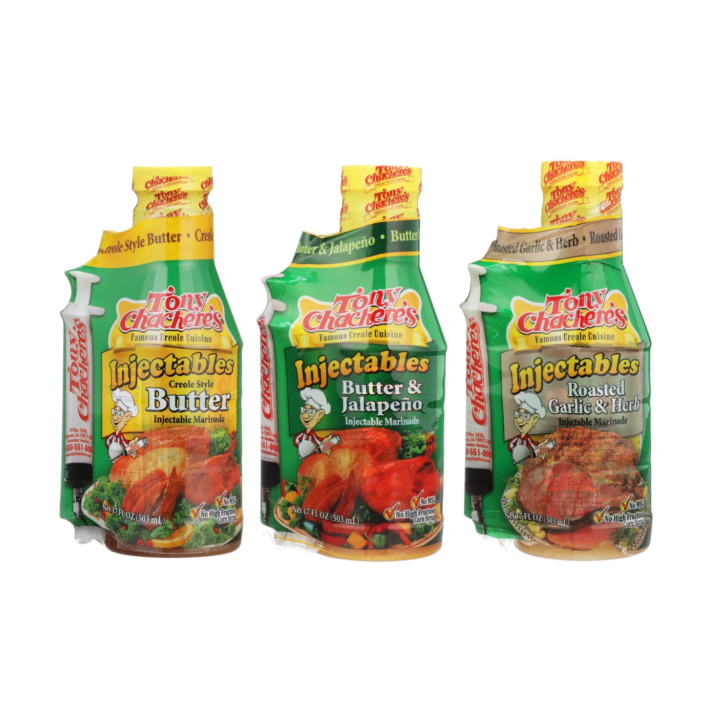 Tony Chachere Injectable Marinade Variety Pack, Butter, Butter Jalapeno And Roasted Garlic, 3 Count