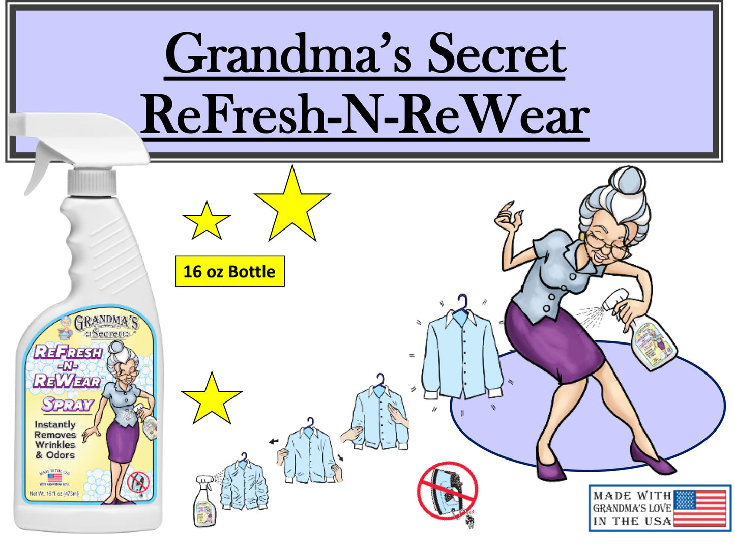 Grandma'S Secret Refresh N Rewear Spray - Instantly Removes Wrinkles & Odors - Wrinkle Release, Fabric Refresher Spray, Chlorine
