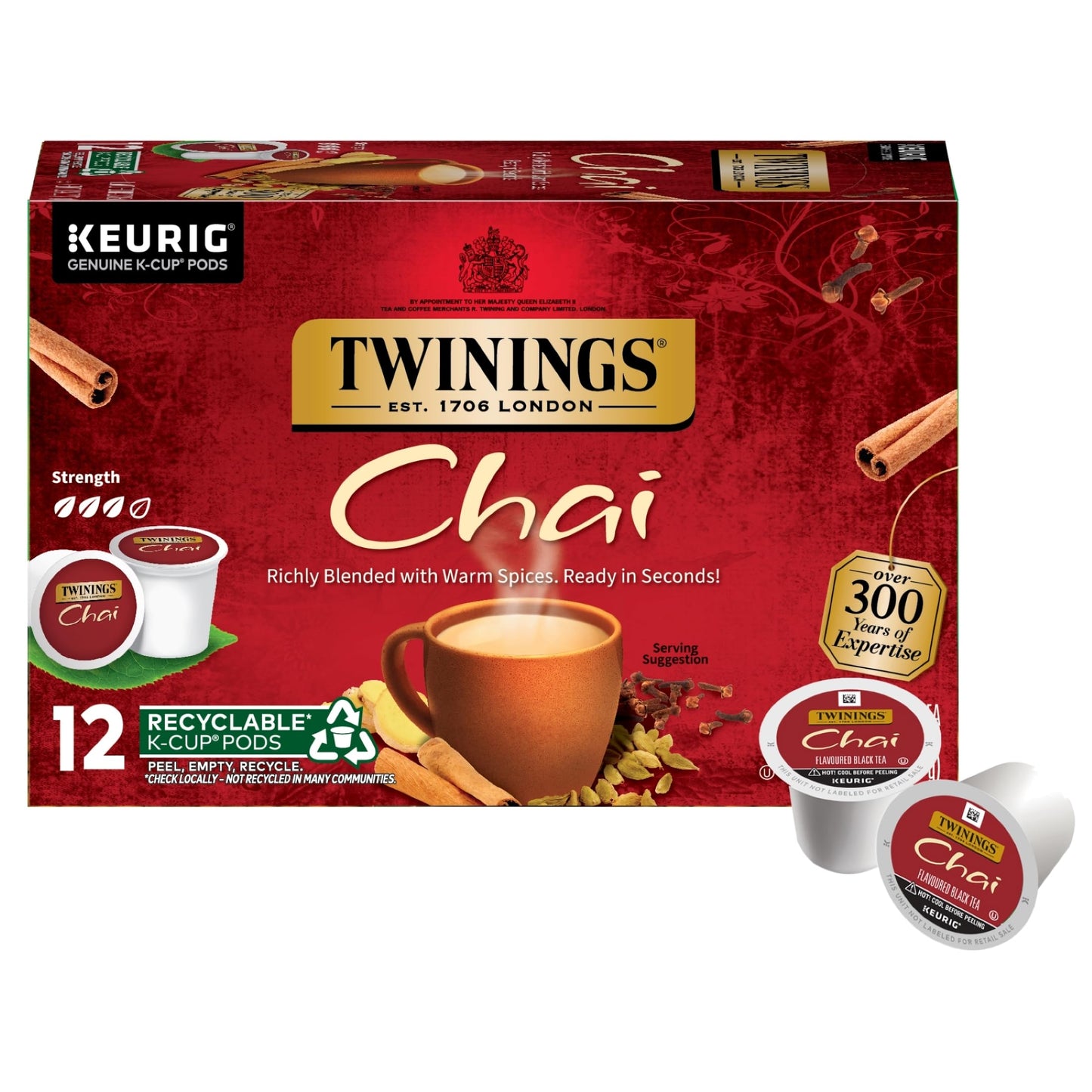 Twinings Chai Flavoured Black Tea K-Cup Pods For Keurig, Naturally Sweet, Savoury Spice Flavour, Caffeinated, 12 Count (Pack Of 6)