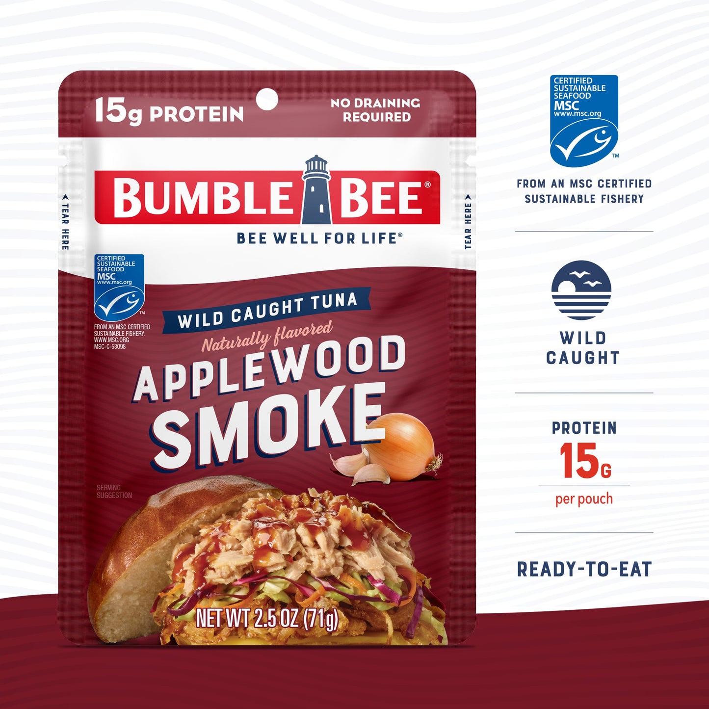 Bumble Bee Applewood Smoke Seasoned Tuna, 2.5 oz Pouches (Pack of 12) - Ready to Eat - Wild Caught Tuna Packet - 15g Protein per