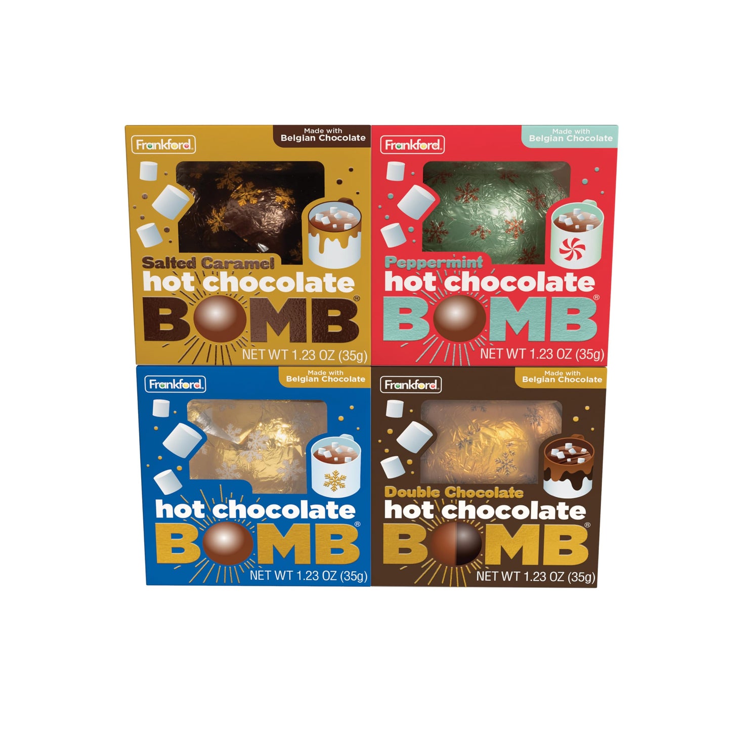 Hot Chocolate   4 Pack, Flavors Include (1) Original Flavor Melting Ball, (1) Salted Caramel, (1) Double Chocolate, & (1) Peppermint Hot Cocoa Gift By Frankford Candy