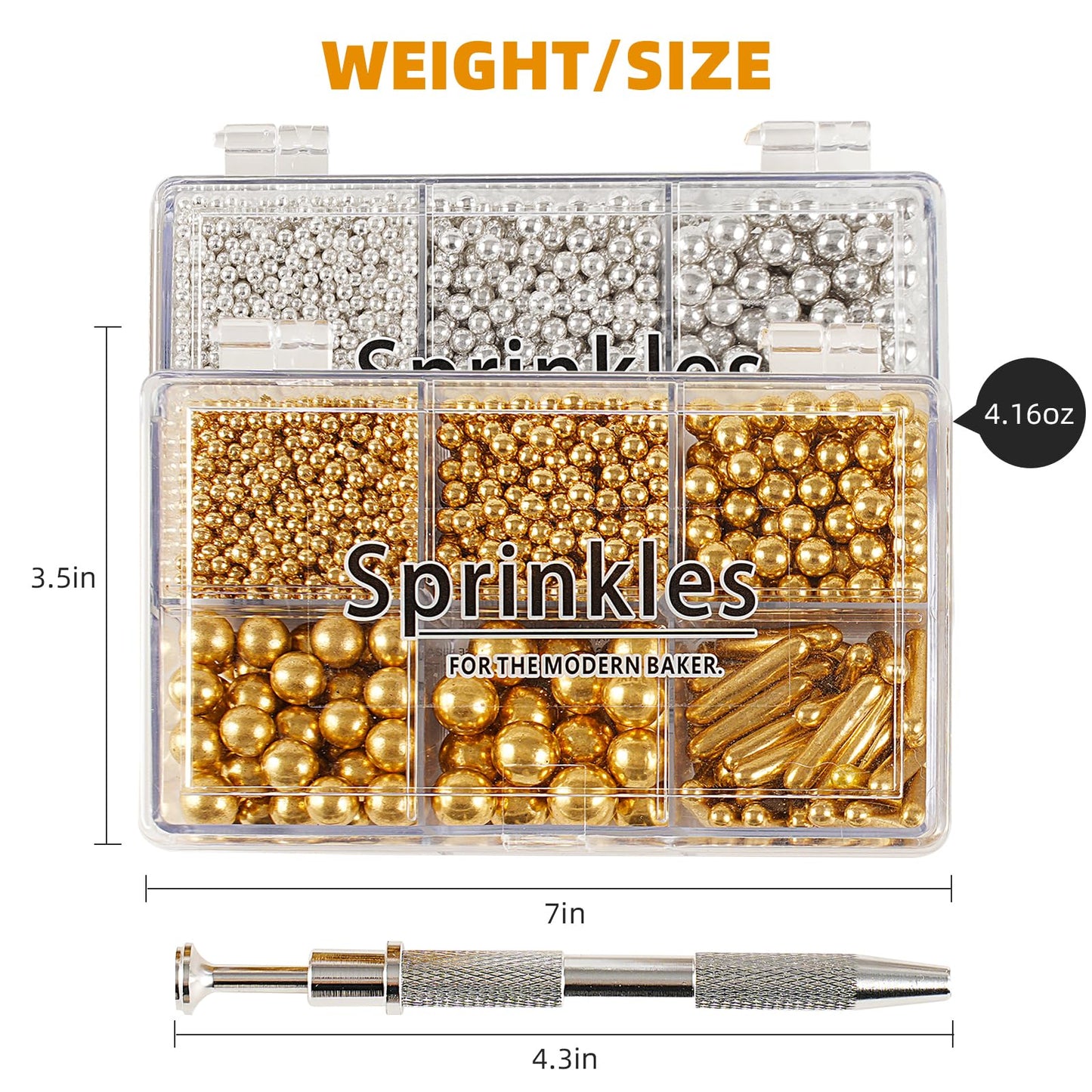 Kasvan Gold And Silver Sugar Sprinkles - Edible Candy Pearls With 4-Claw Sprinkle Pen,8.32Oz, Gift Box Pack, Baking Cake Decorat