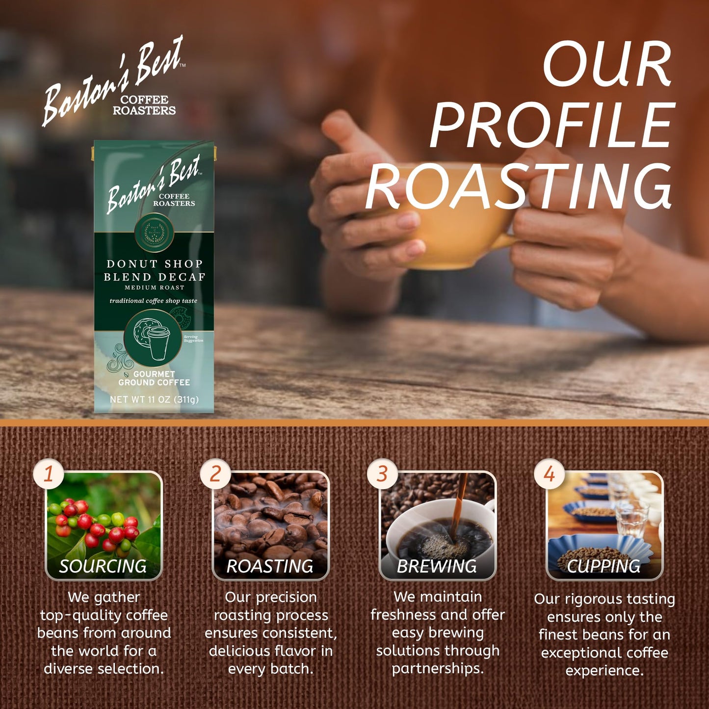Bostons Best Coffee - Hearty Medium-Roast Donut Shop Decaf Gourmet Premium Ground Coffee, 11 Oz. / 311 G Bag