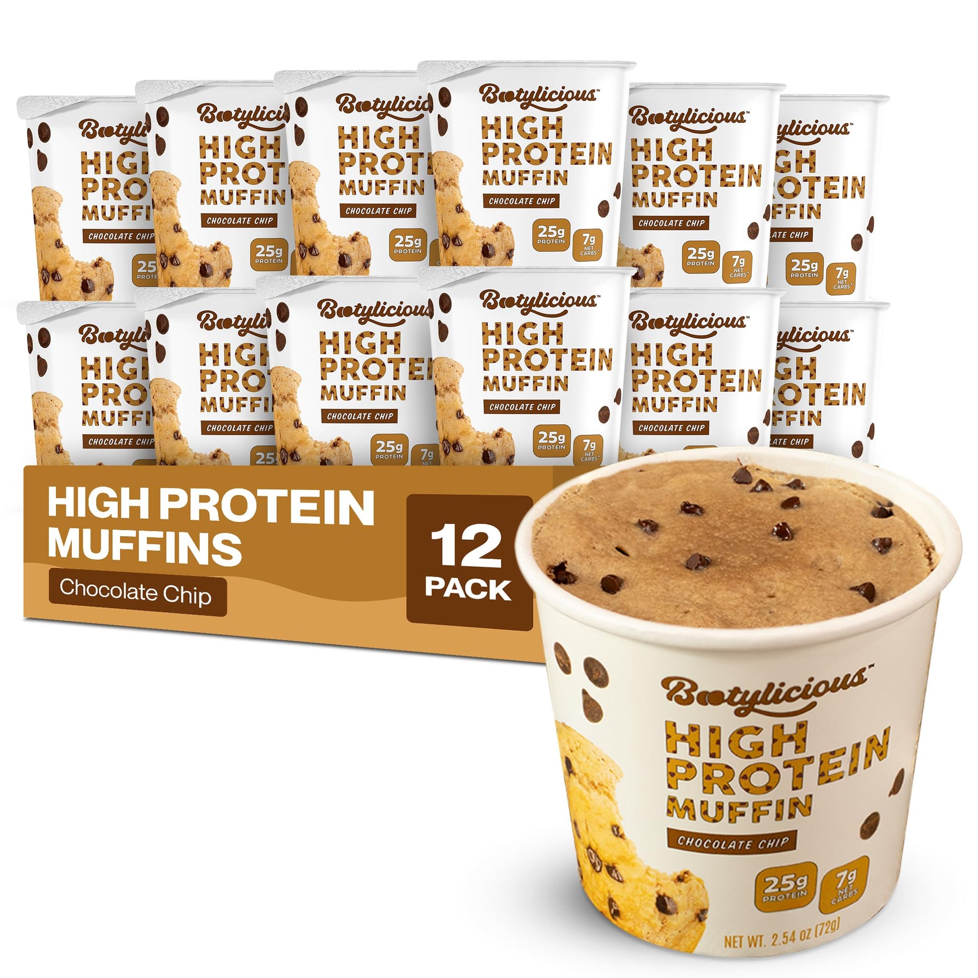 Bootylicious | High-Protein Muffin | 25g Protein  7g Net Carbs  1.86-1.76oz Cup  12-Pack (Chocolate Chip)