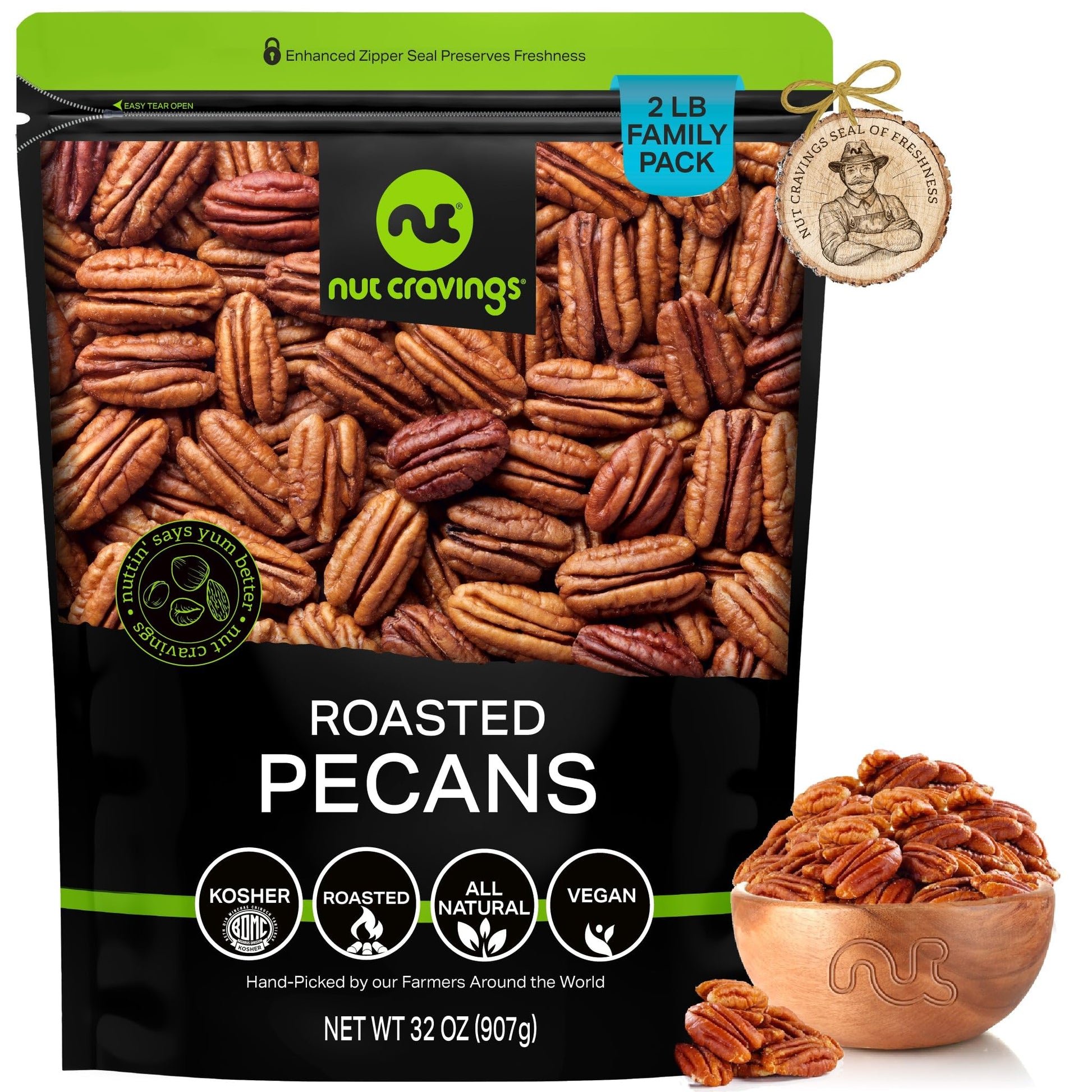 NUT CRAVINGS - Pecans Halves, Roasted & Unsalted, No Shell (32oz - 2 LB) Bulk Nuts Packed Fresh in Resealable Bag - Healthy Prot