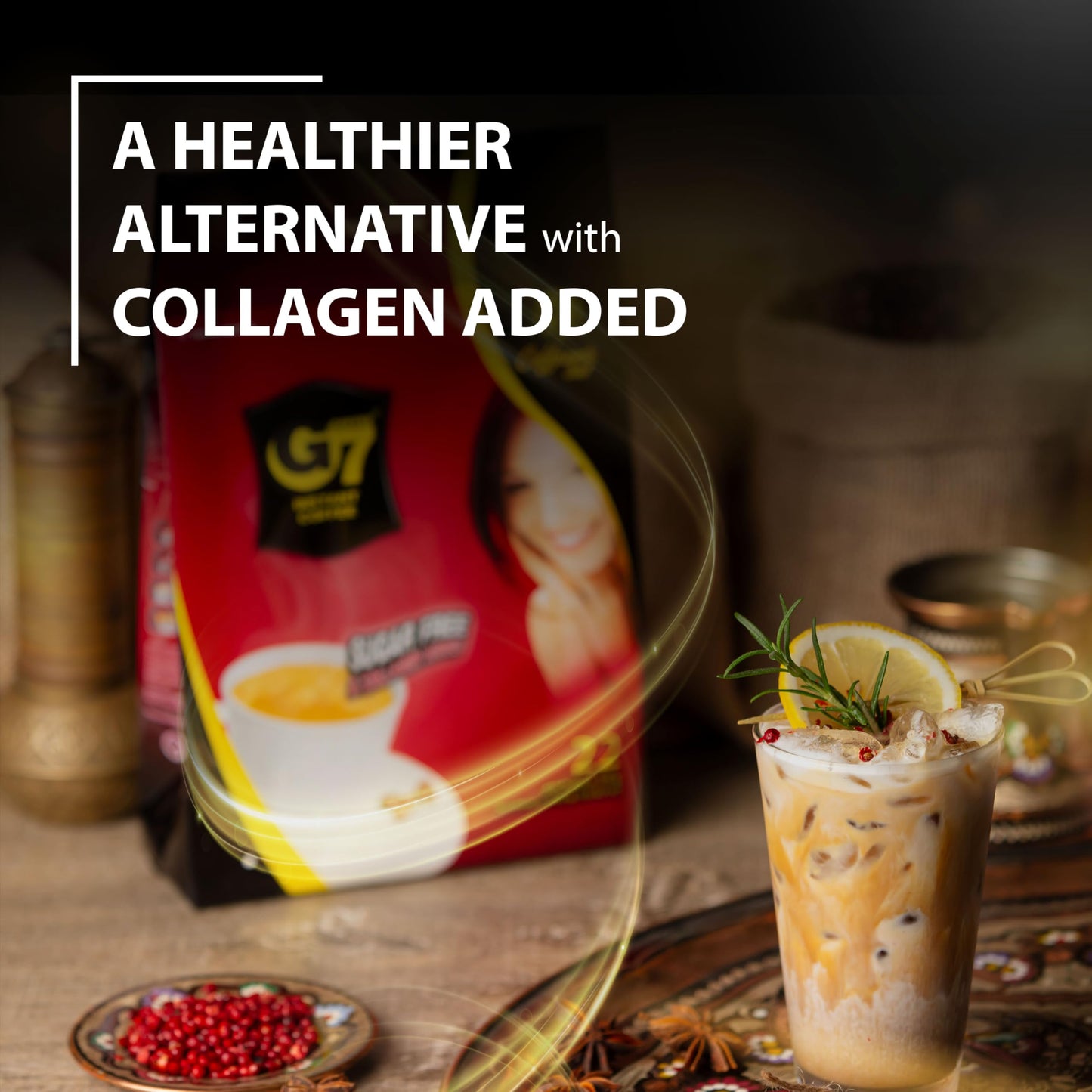 Trung Nguyen G7 3-In-1 Collagen Added & Sugar Free Instant Coffee For Energy Boost - Collagen Added, Low Caffein & Diet Sugar -