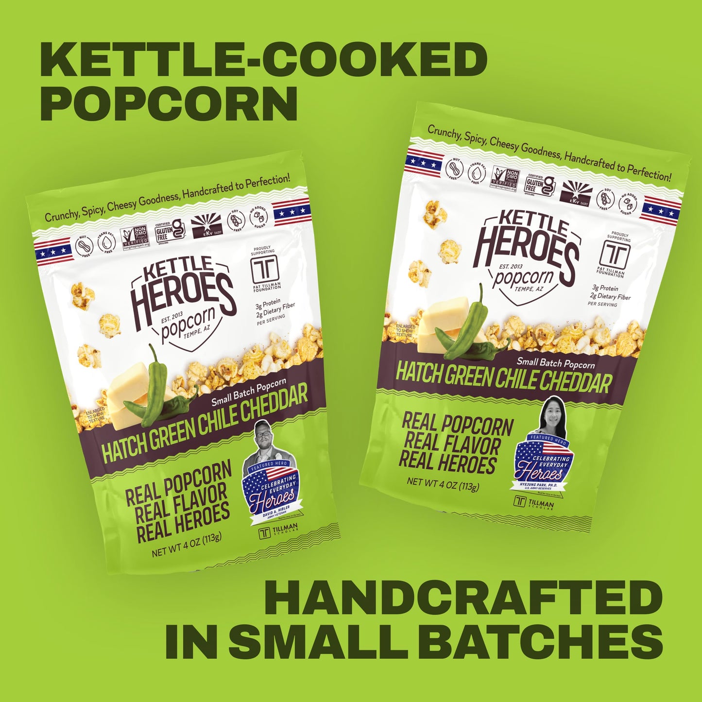 Kettle Heroes Small Batch, Handcrafted Kettle Corn Popcorn - Hatch Green Chile Flavor - 5 Oz, 6 Pack - Non-Gmo, Gluten Free, No Trans Fat, Kosher, Soy Free (4 Oz (6 Pack),