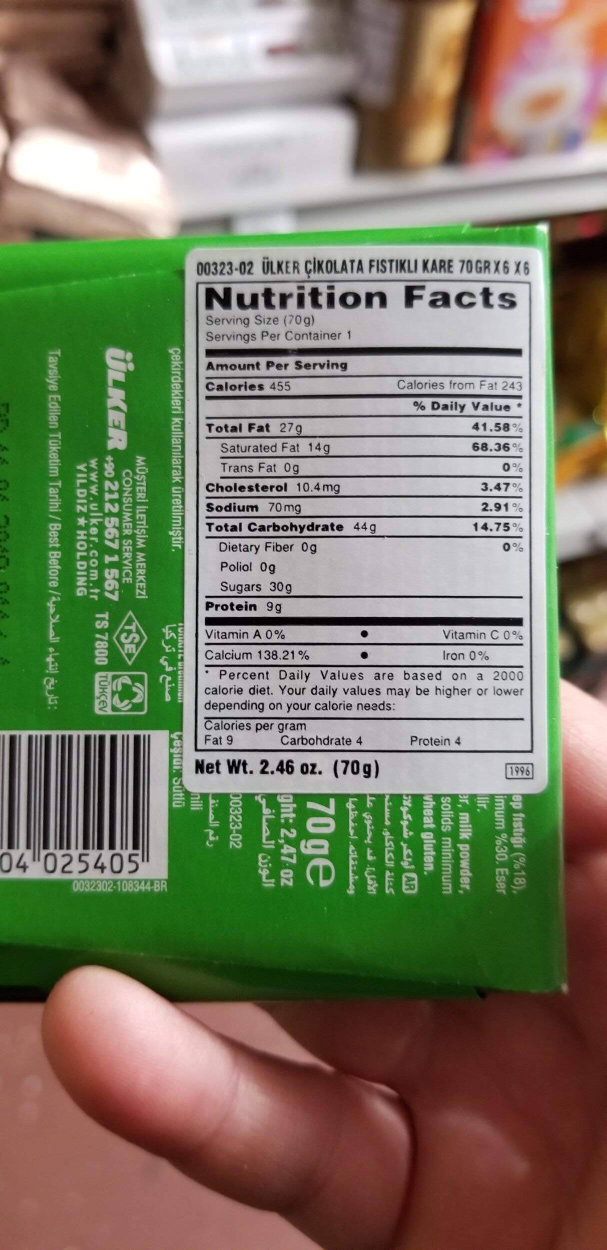 Ulker Turkish Milk Chocolate With Pistachio (Sutlu Fistikli Cikolata) 6 X 70 Gr