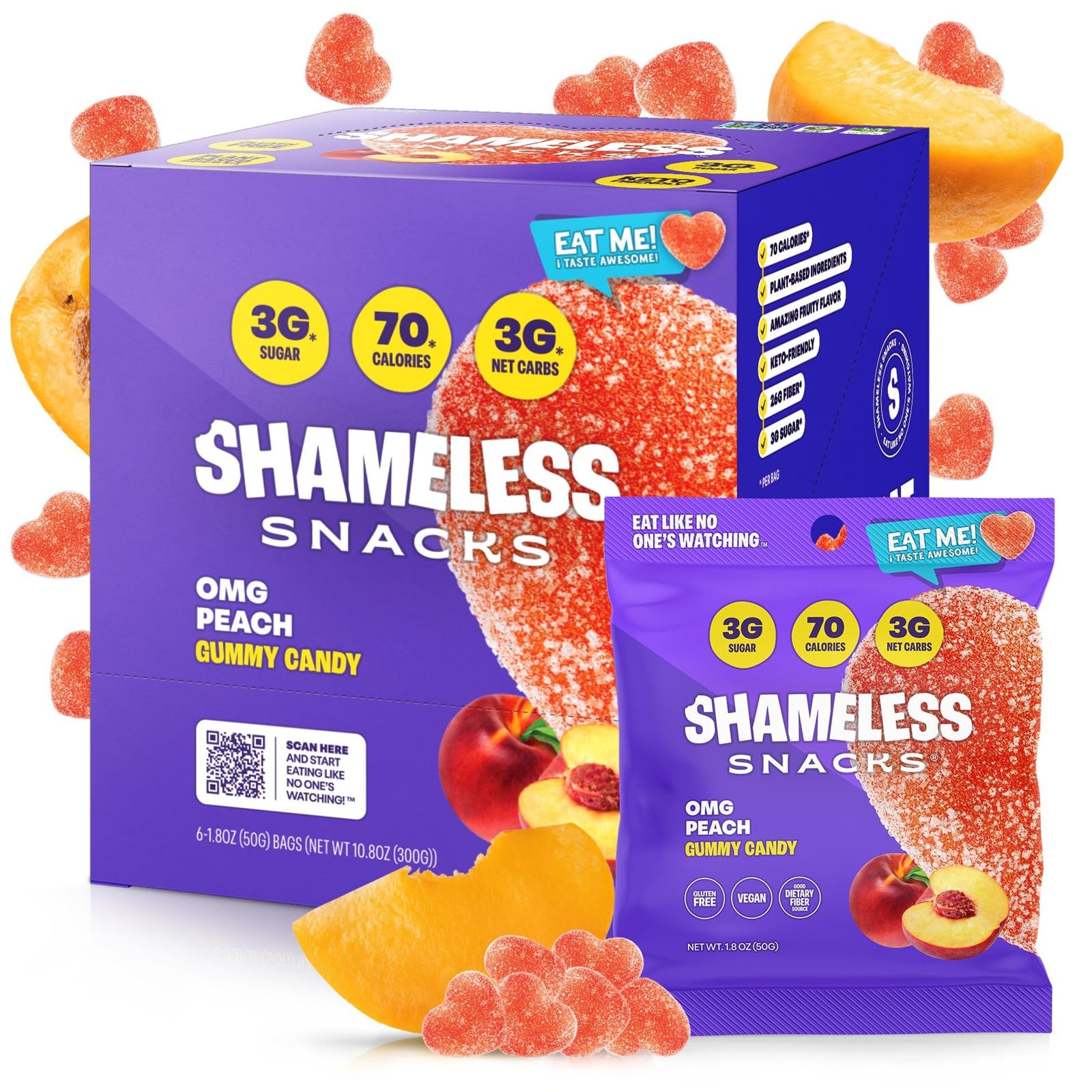 Shameless Snacks - Healthy Low Calorie Snacks, Low Carb Keto Gummies (Gluten Free) - 6 Pack Omg Peach