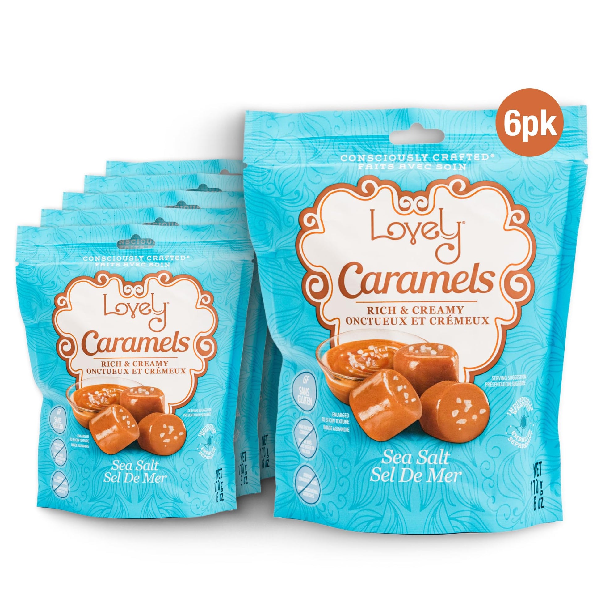 Lovely Candy Co. Soft and Chewy Sea Salt Caramels, Individually Wrapped, 6oz (6-Pack), Gluten-Free, Non-GMO, NO High Fructose Co