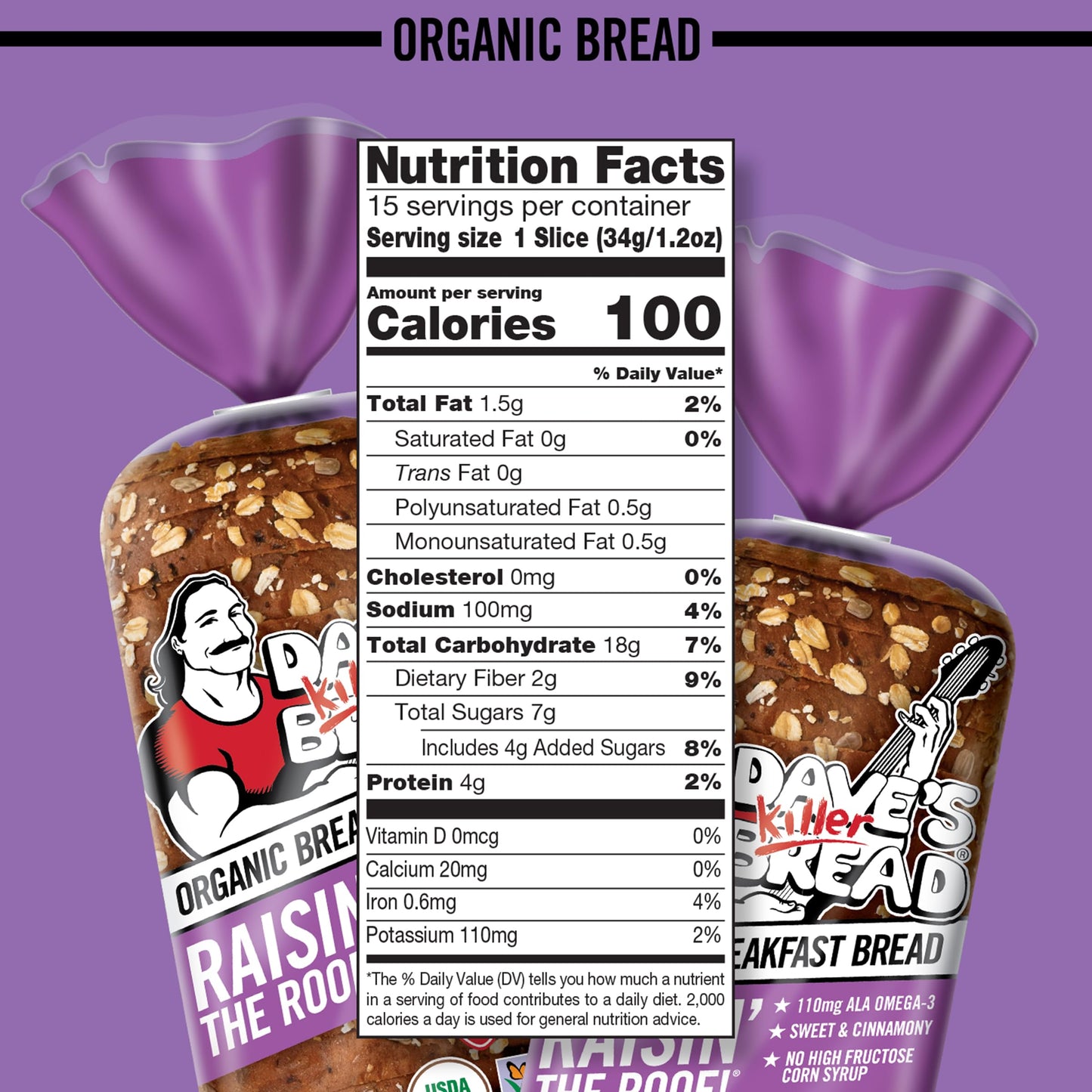 Daves Killer Bread Raisin the Roof!, Cinnamon Raisin Organic Breakfast Bread, 18 oz Loaf