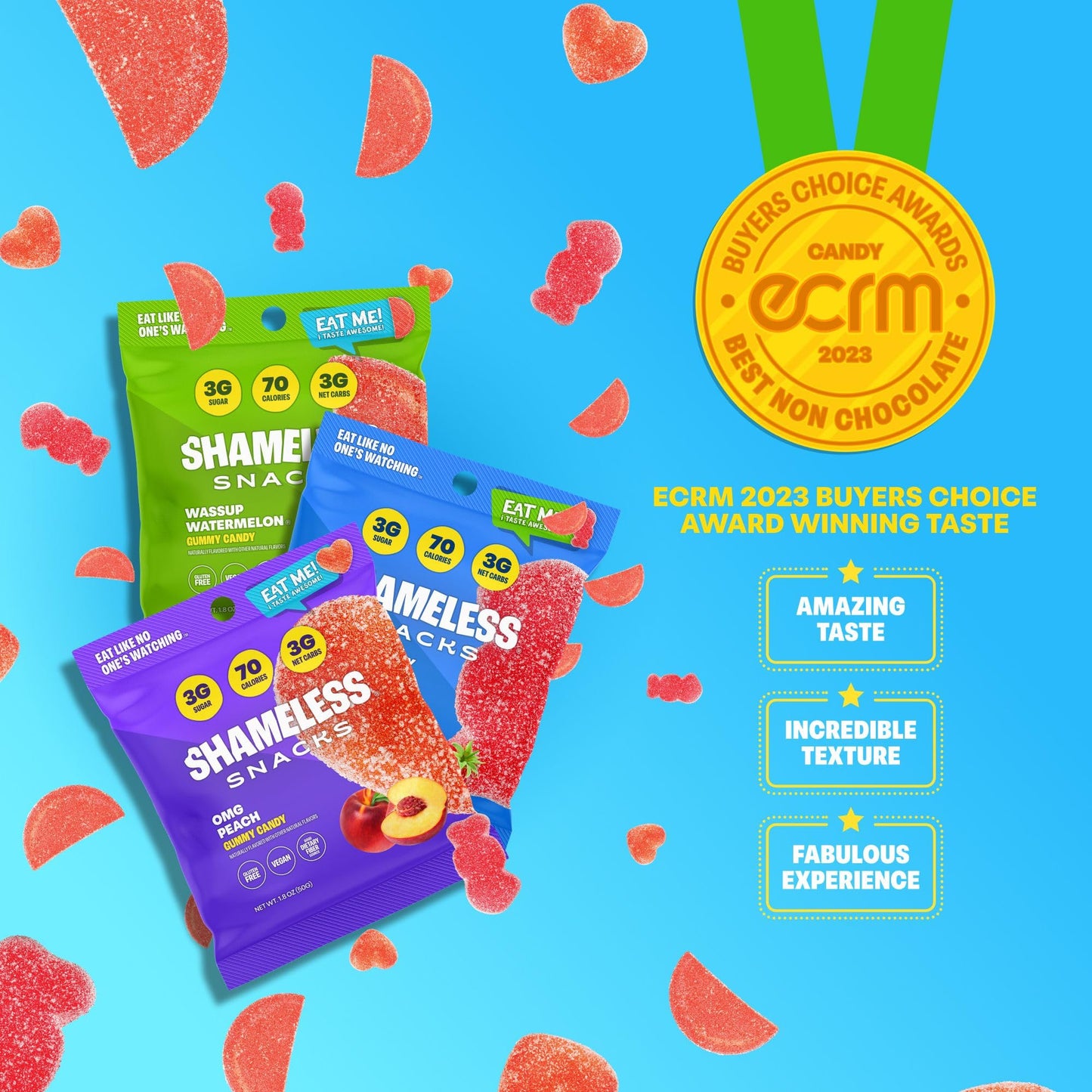 Shameless Snacks Fan Favorites Bundle Healthy Low Carb Keto Gummies Red Raspberry, Watermelon and Sour Peach