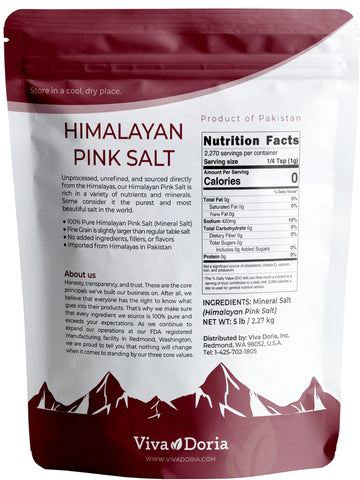Viva Doria Himalayan Pink Salt, Fine Grain, Certified Authentic, 5 lb (2.27 Kg)