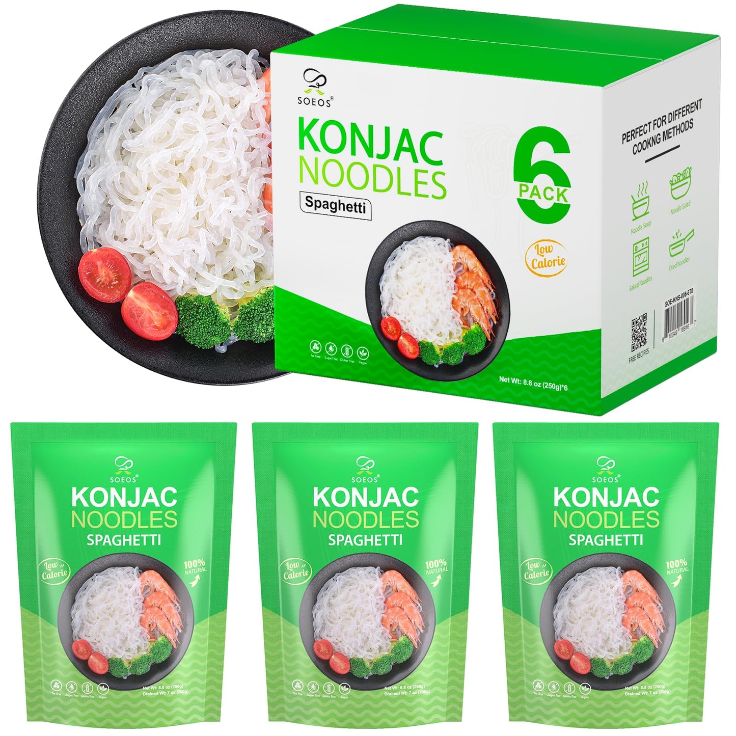 Soeos Konjac Noodles, Spaghetti Pasta, Low Calorie, Low Carb, Keto and Paleo Friendly Shirataki Noodle, Gluten-Free, Fat Free, S