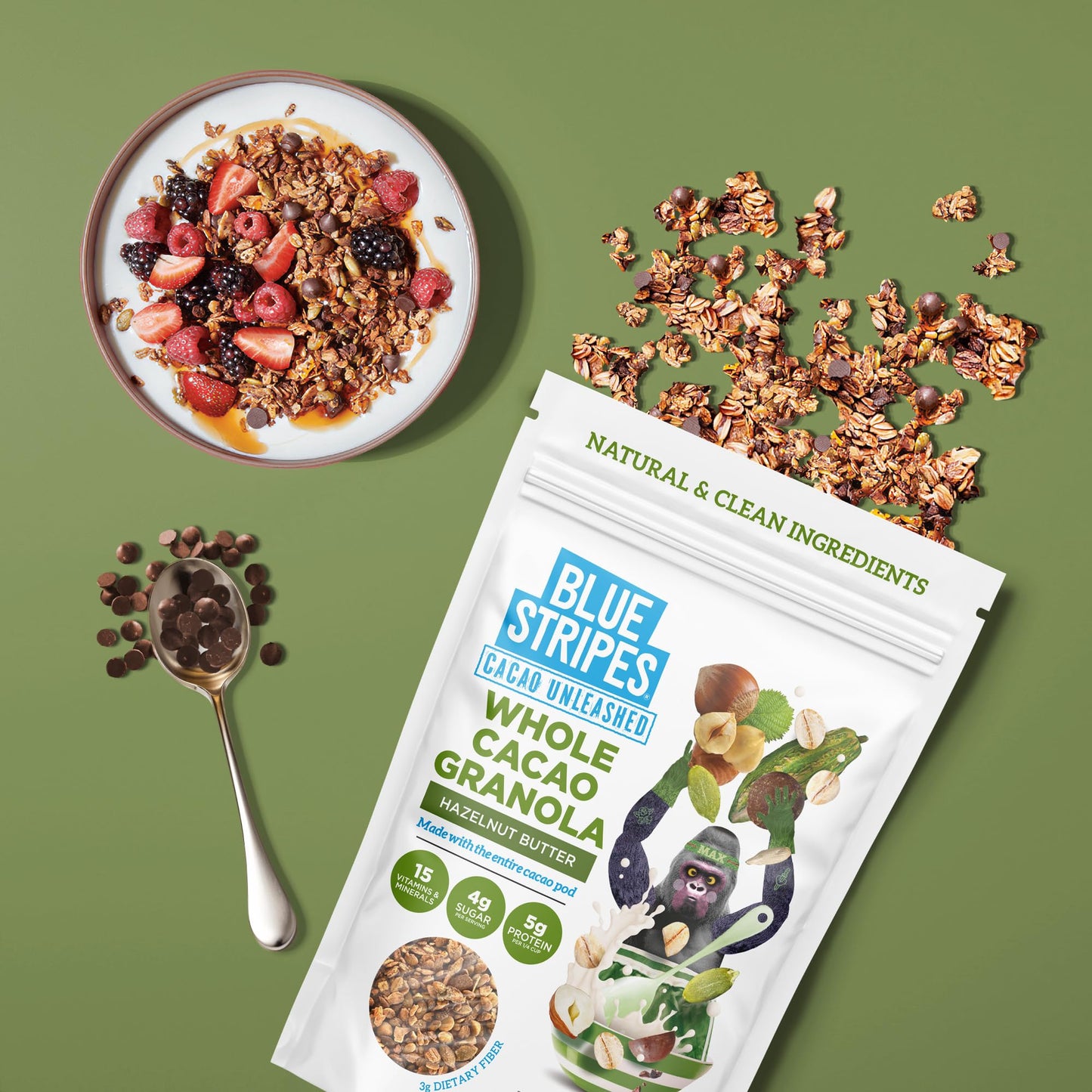 Blue Stripes Whole Cacao Granola - Gluten Free Dark Chocolate Granola for Cereal, Oatmeal, Yogurt, 5g Protein Per Serving, Sourc