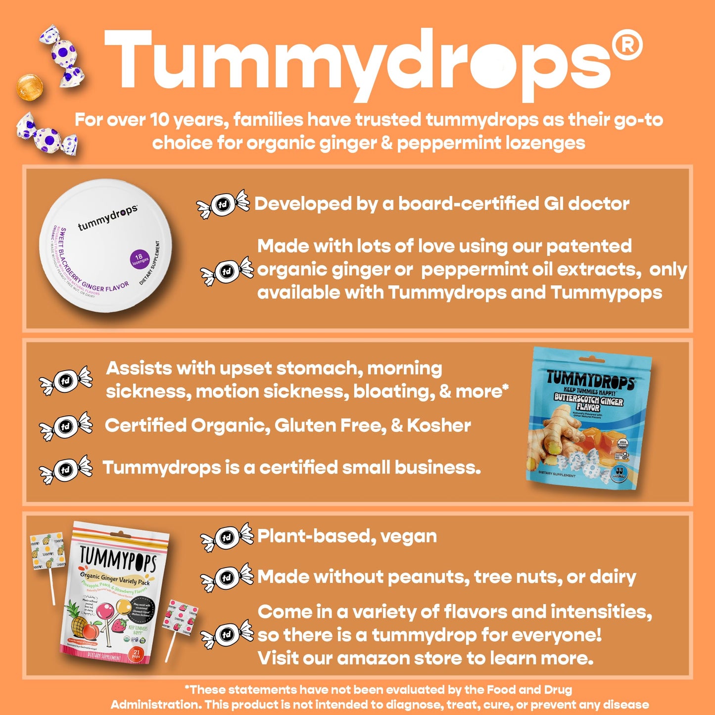 Organic Ginger Butterscotch Cream Tummydrops (Pack With 3 Tins, 54 Drops Total)