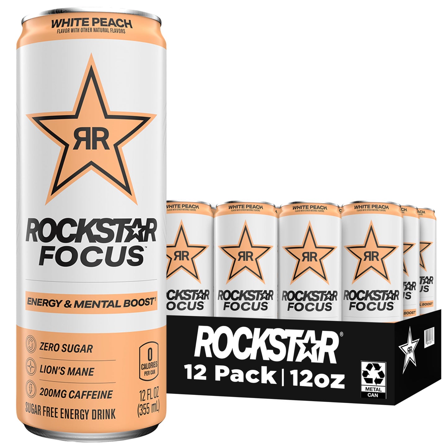 Rockstar Focus  White Peach  12 Fl Oz Cans (Pack of 12