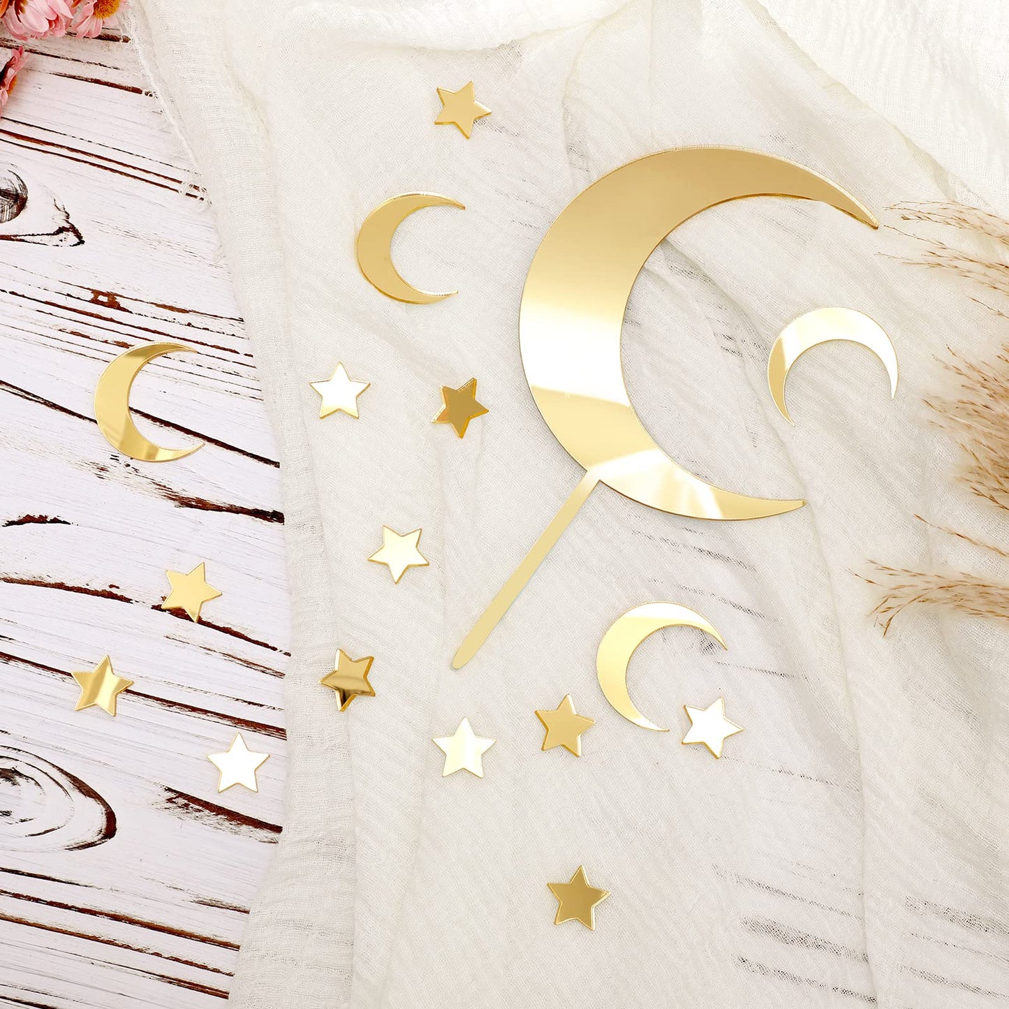 Huray Rayho 27 Pcs Moon Star Cake Toppers Acrylic Cake Decorations Twinkle Twinkle Little Star Celestial Cake Charms Mirror Gold