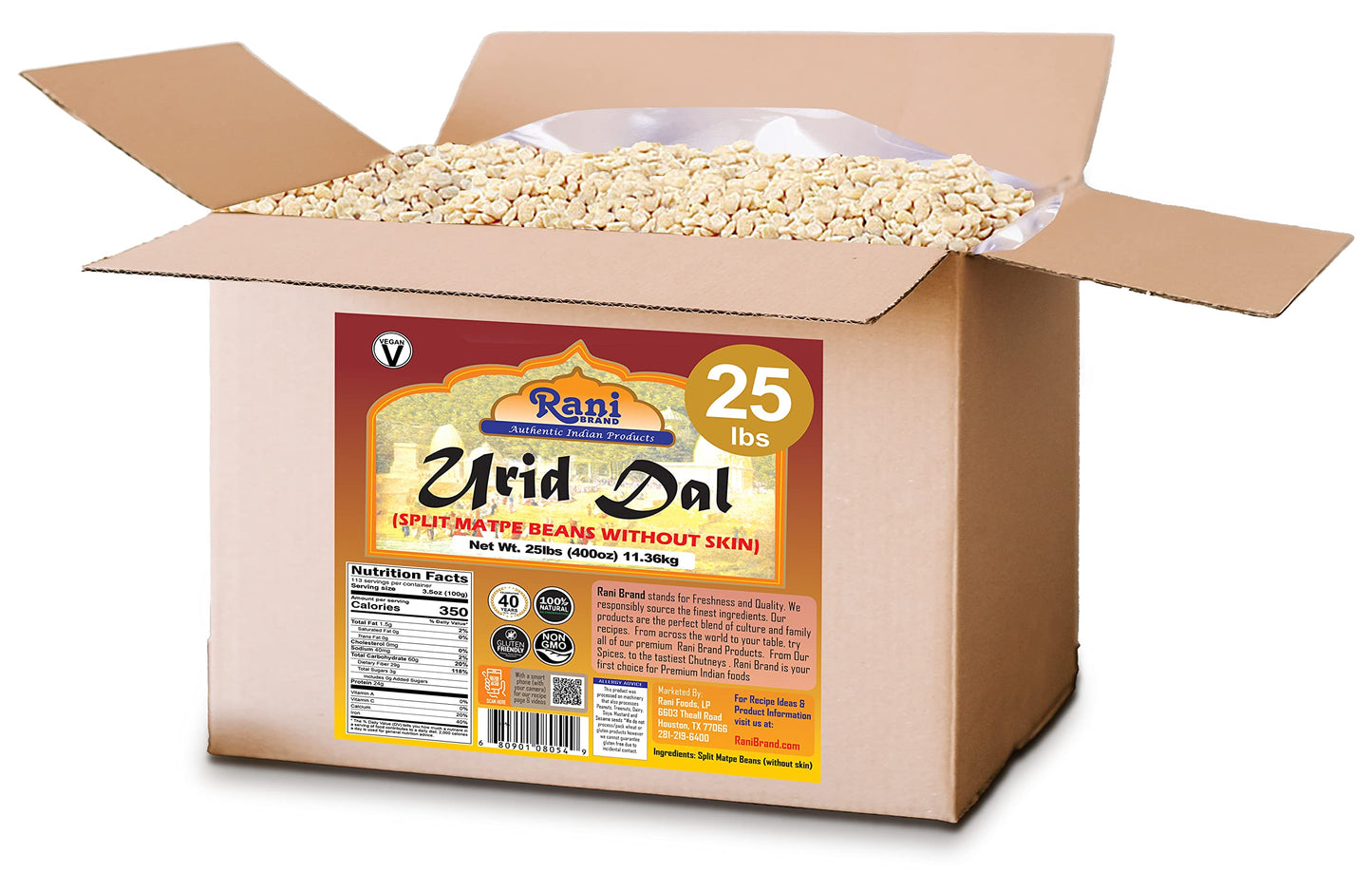 Rani Urid/Urad Dal (Split Matpe Beans Skinless) Indian Lentils 400Oz (25Lbs) 11.36Kg Bulk Box ~ All Natural | Gluten Friendly |