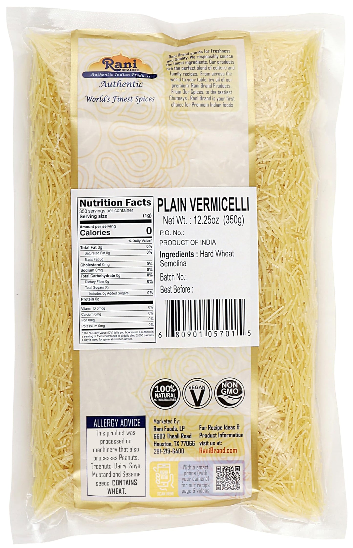 Rani Plain Vermicelli (Wheat Noodles) 12.25Oz (350G), Pack Of 6 ~ All Natural | Vegan | Non-Gmo | Indian Origin