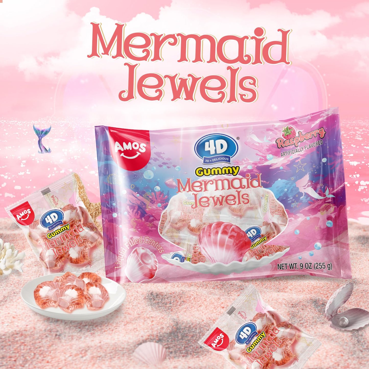 Amos 4D Gummy Candy Mermaid Jewels Fruity Filled, Soft Center Jelly-Filled Seashell Candy, Raspberry Flavor (9Oz Pack) Pink