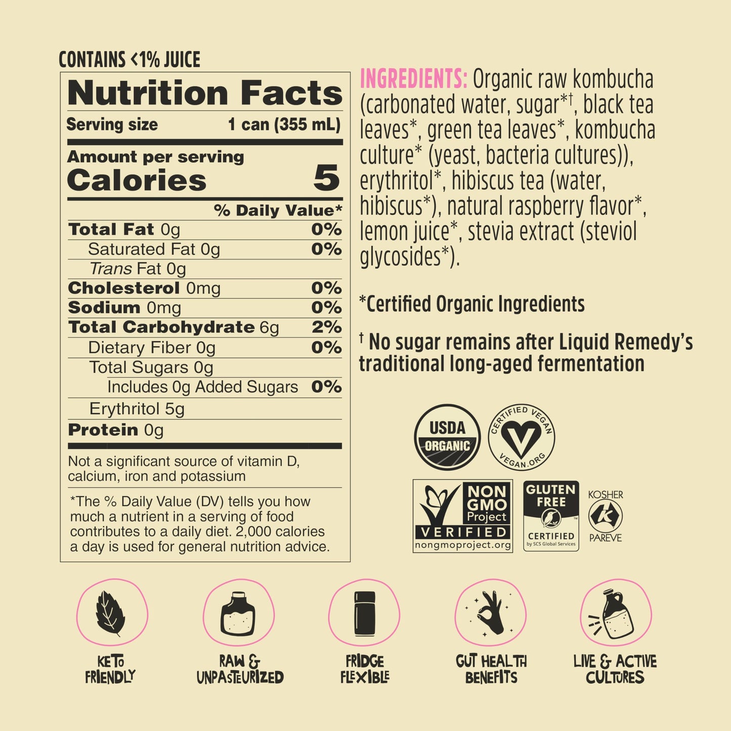 Liquid Remedy Kombucha Sugar Free Organic Drink, Low Calorie, Probiotic Like Tea for Gut Health - Raspberry Lemonade - 12 Fl Oz