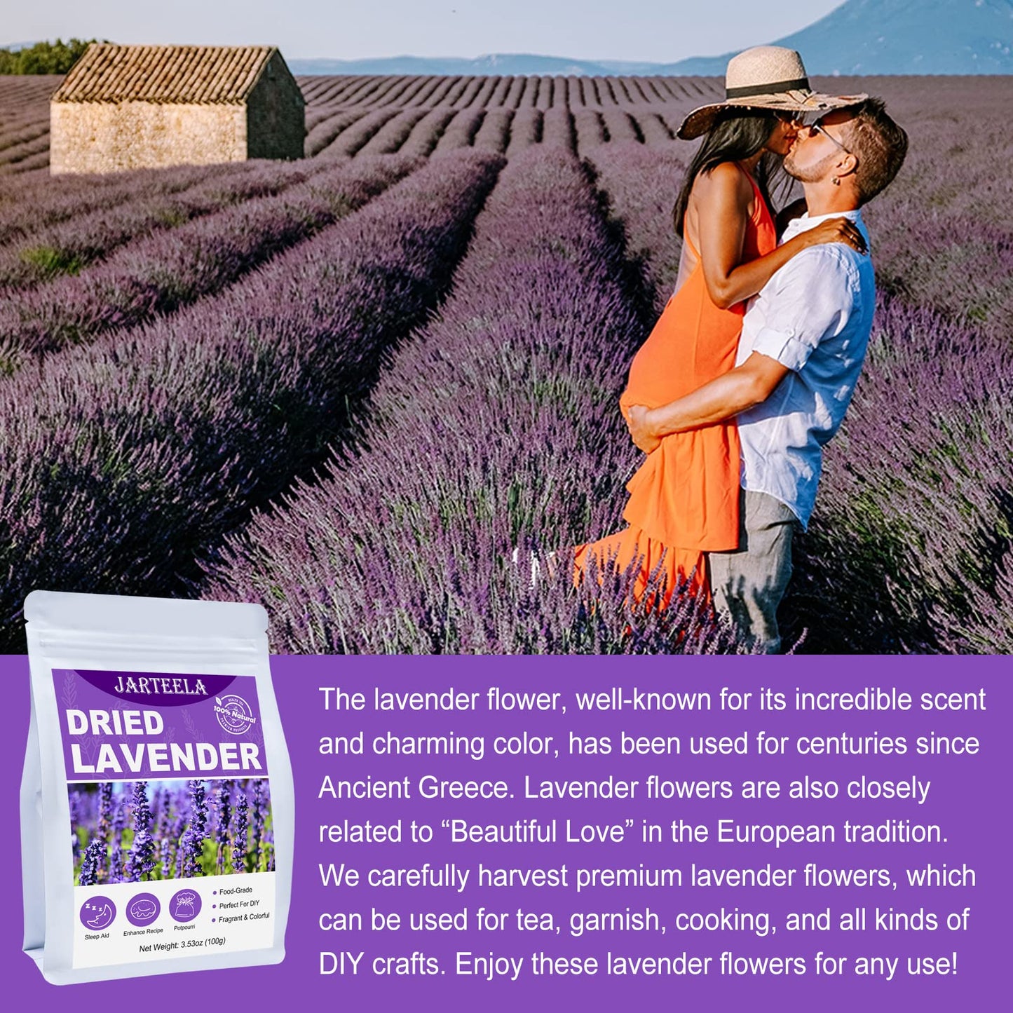 Jarteela - Dried Lavender Flowers - 3.53Oz/100G - Premium Natural Food-Grade Edible Flowers - Culinary Lavender Buds - Non-Gmo -