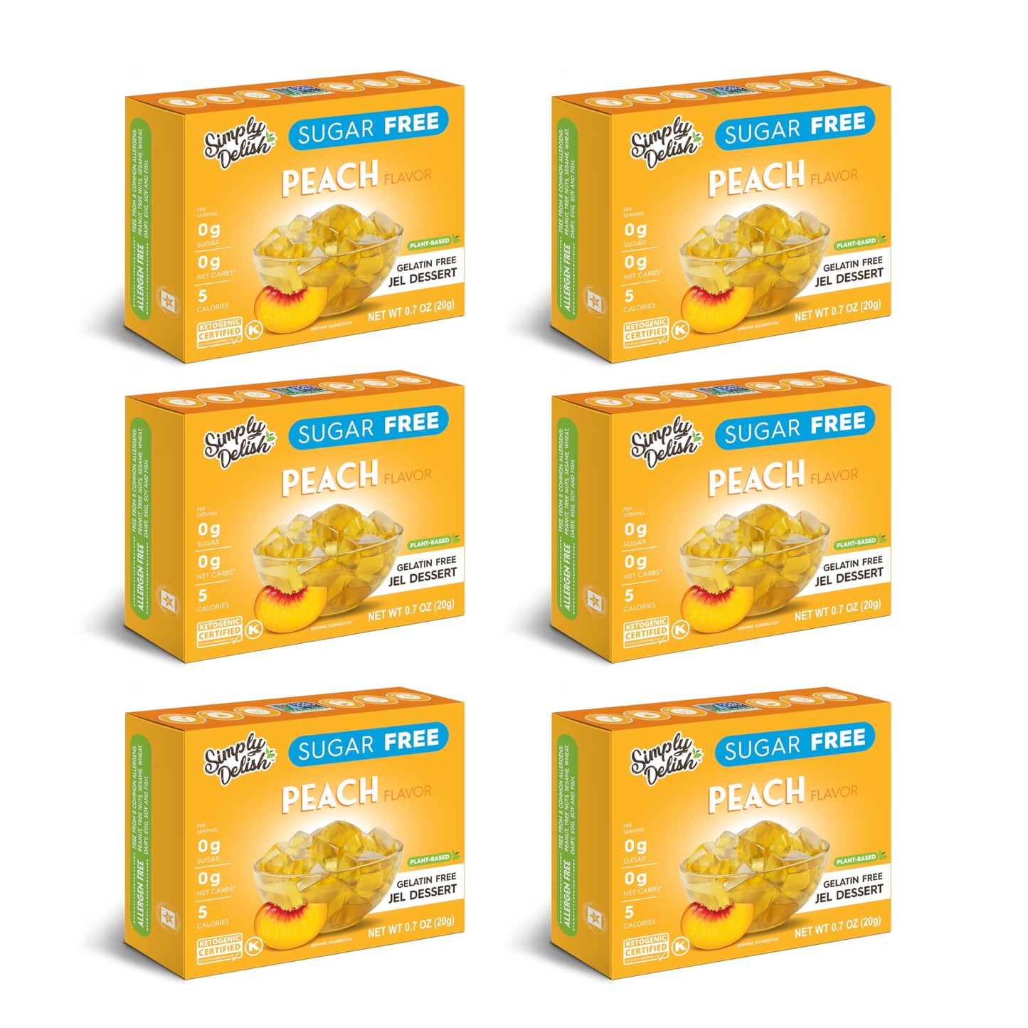 Simply Delish Plant Based Natural Peach Jel Dessert - 6 Pack - Zero Sugar, 0g Net Carbs, Gluten Free, Vegan, Diabetic & Allergen