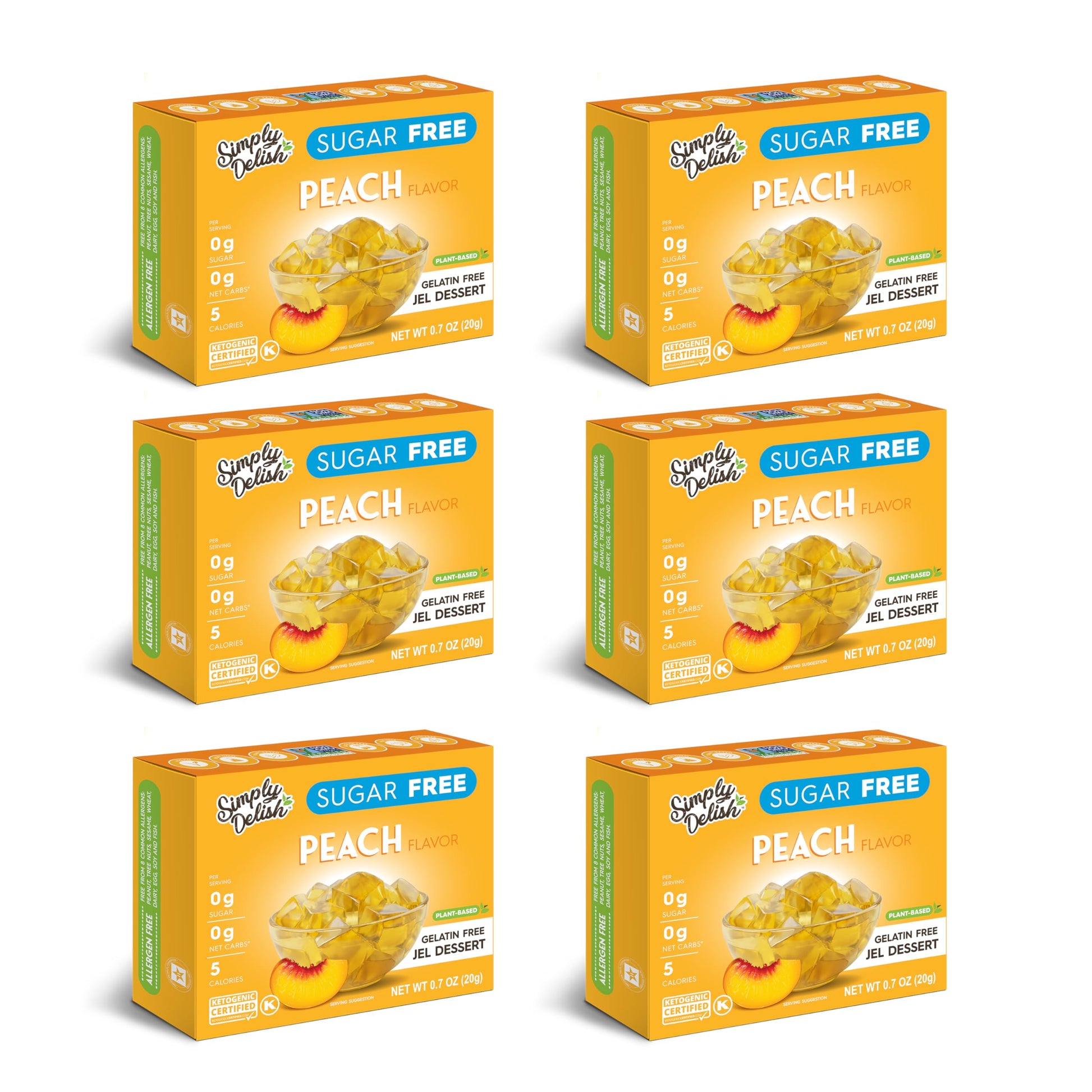 Simply Delish Plant Based Natural Peach Jel Dessert - 6 Pack - Zero Sugar, 0g Net Carbs, Gluten Free, Vegan, Diabetic & Allergen