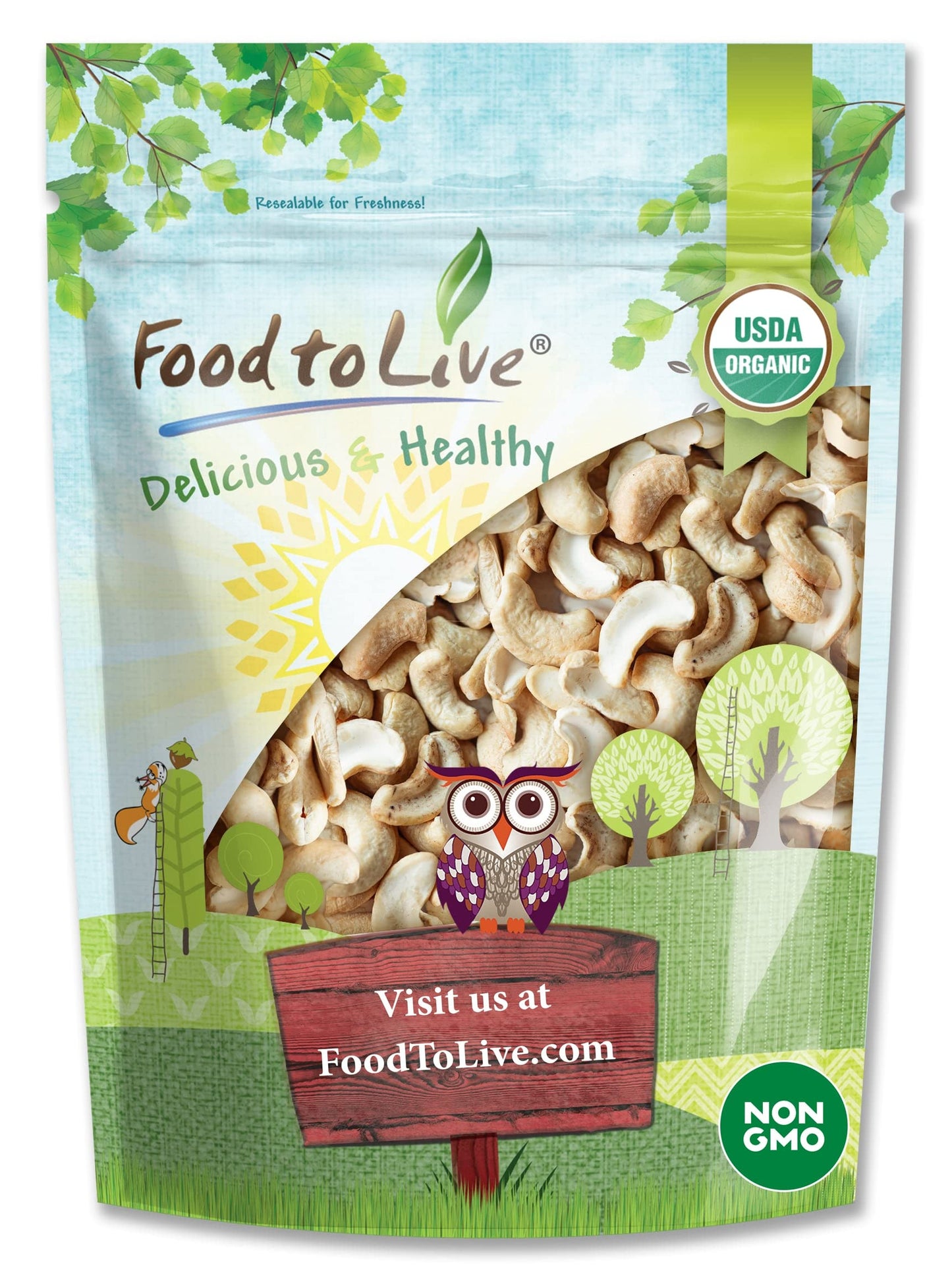 Food to Live Organic Cashew Pieces, Non-GMO, Vegan, Unsalted, Unroasted, 2 Pound Pack