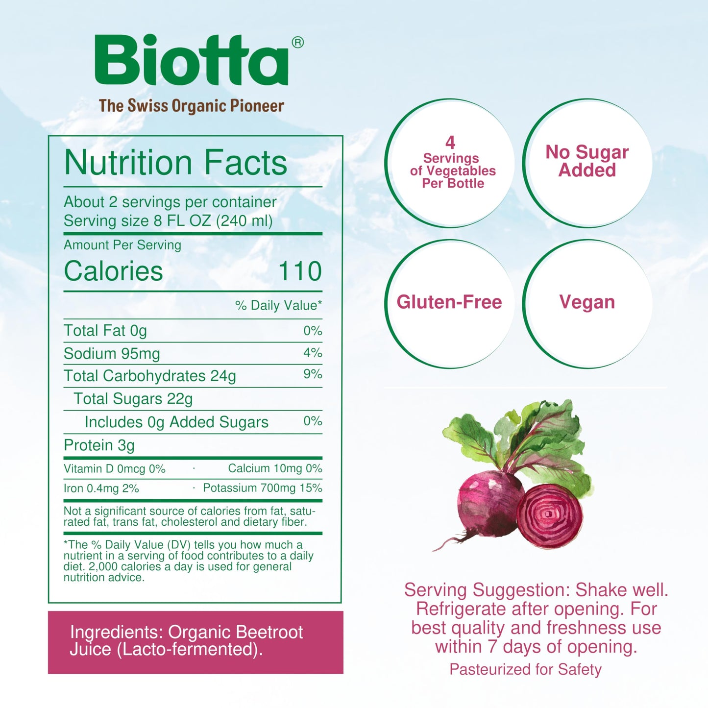 Biotta Organic Beet Juice - Natural Beetroot Superfood - Gluten Free - 32 Fl Oz (Pack of 4) - Beet Color