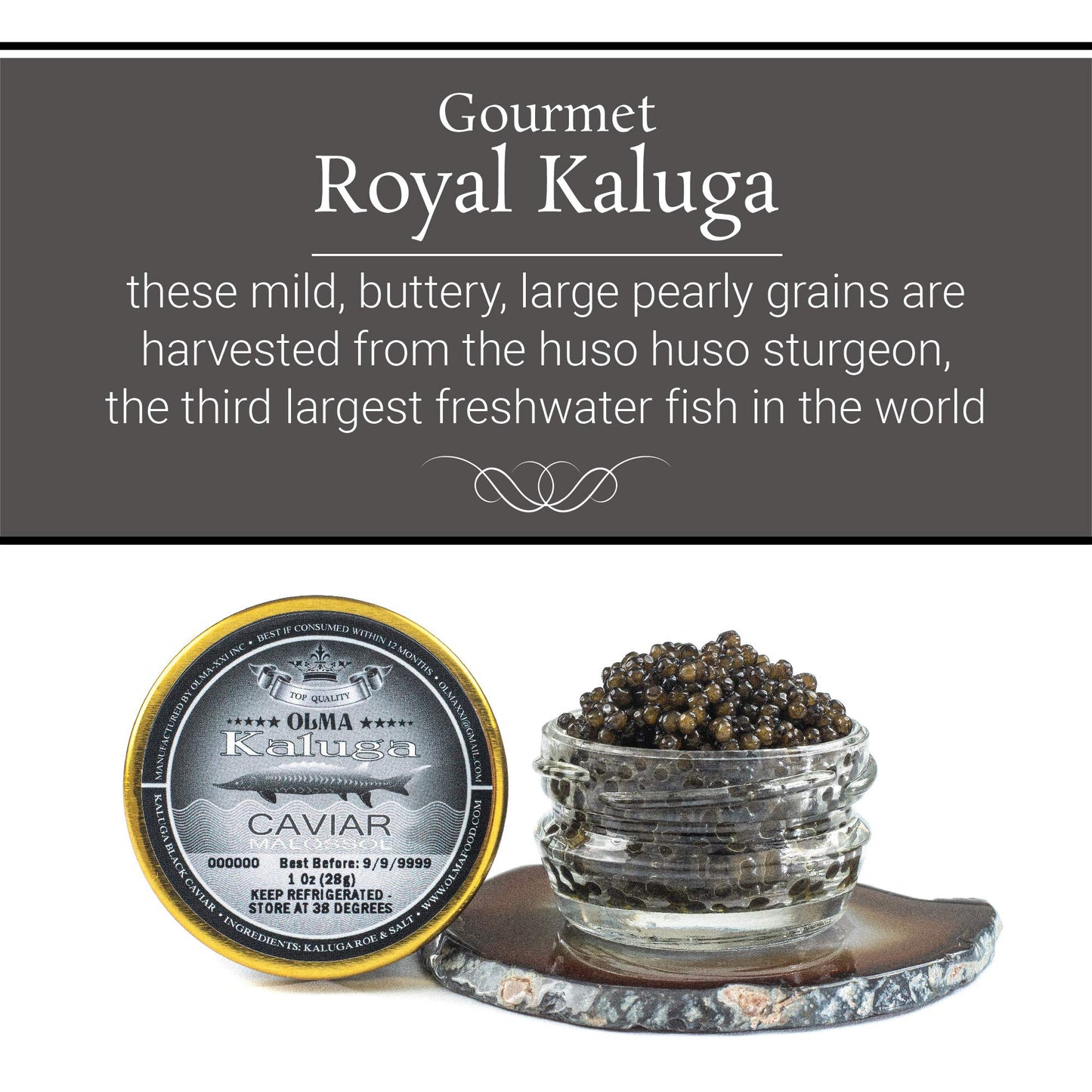 Overnight Shipping- Olma Kaluga Sturgeon Black Caviar - Large Pearly Grains, Smooth Flavor, Superior Grade - 1 Oz / 28 G