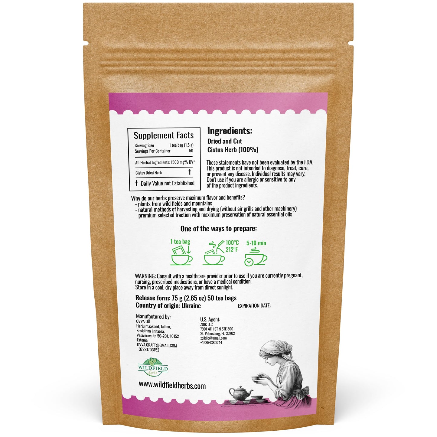 50 Bags Cistus Tea Cistus Incanus Tea Herbal (C  Stus L.) - 50 Count 1.5G Herb Bags