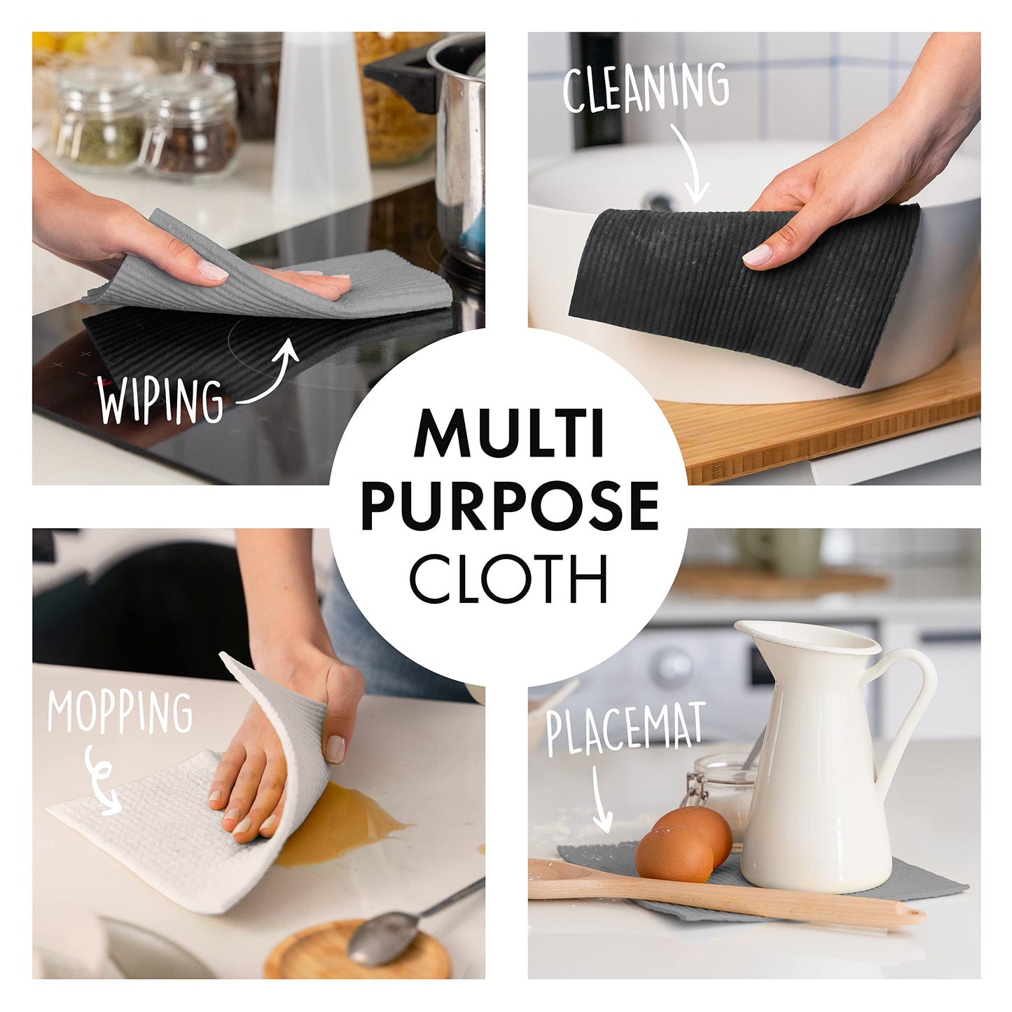SUPERSCANDI Swedish Dishcloths, Reusable Biodegradable Cellulose, 6 Pack White - Eco-Friendly Kitchen Cleaning Cloths, 8 x 7 inches