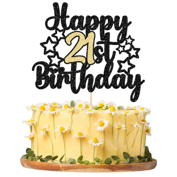 Gyufise 1Pc Happy 21St Birthday Cake Topper Black Gold Glitter Cheers To 21 Years Birthday Cake Pick 21 Fabulous Cake Decoration