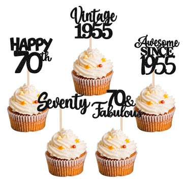 30Pcs Happy 70Th Birthday Cupcake Toppers Glitter Seventy Vintage 1953 Cupcake Picks Cheers To 70 Fabulous Cake Decorations For