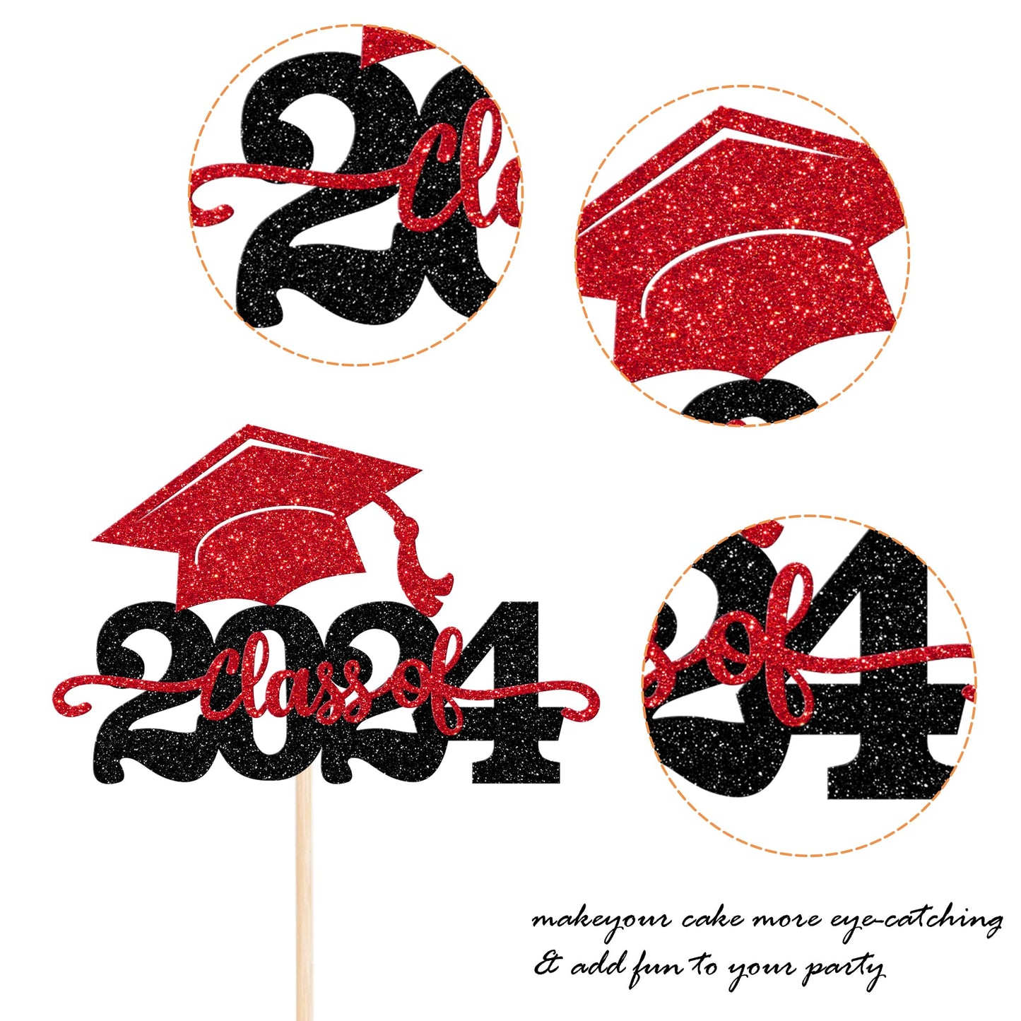YCTHUNFISH Graduation Cake Topper - Class of 2024 Glitter Cap Decoration, Black & Red, Bamboo Material