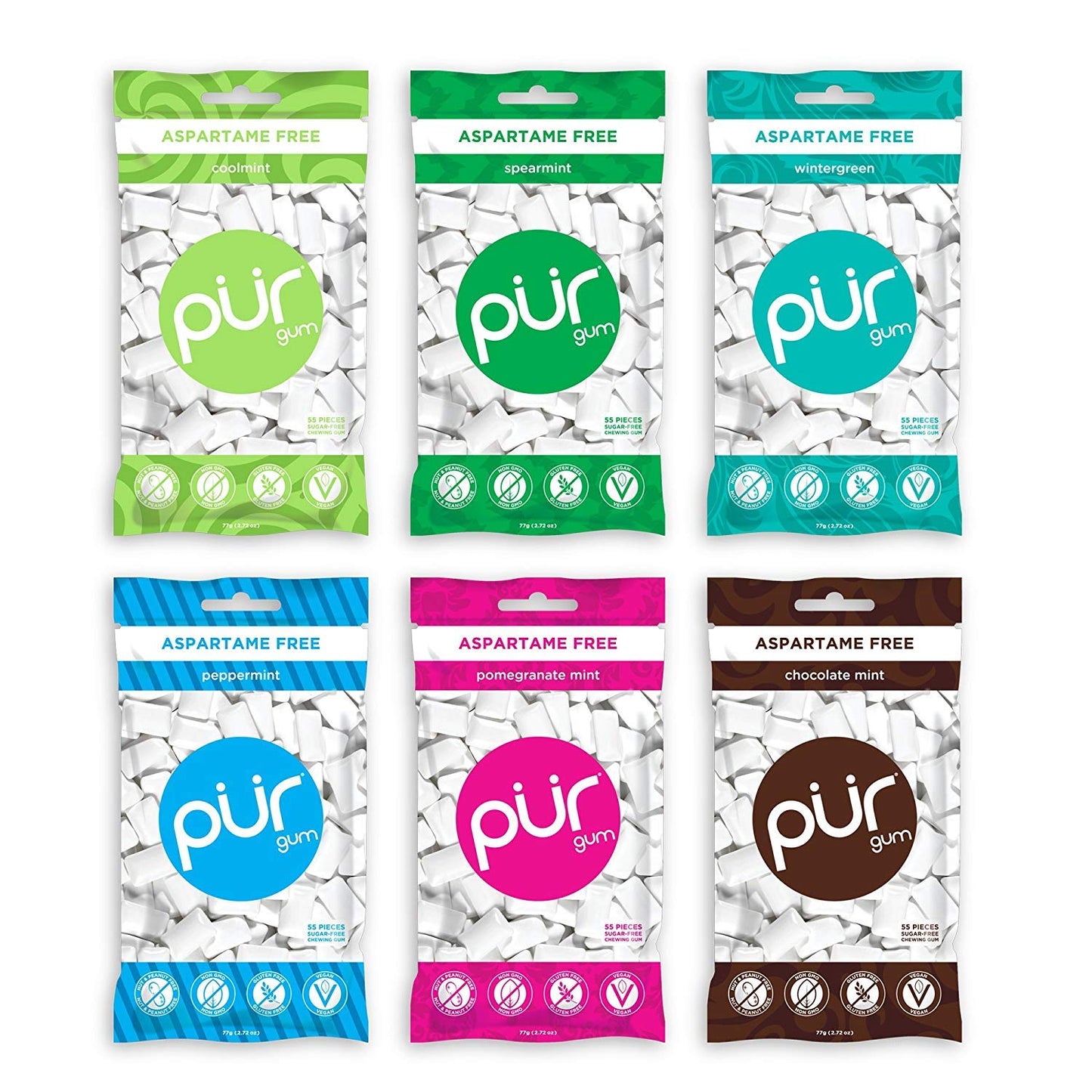 PUR 100% Xylitol Chewing Gum, Sugar & Aspartame Free, Vegan + non GMO, White, 55 Count each(Variety Pack of 6)