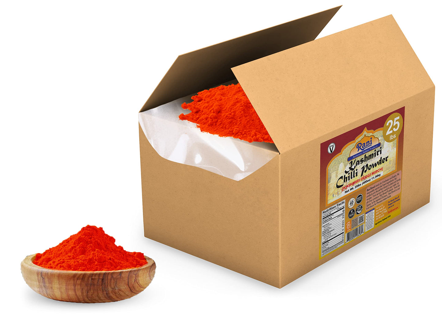 Rani Kashmiri Chilli Powder (Deggi Mirch, Low Heat) Ground Indian Spice 400oz (25lbs) 11.36kg Bulk Box ~ All Natural | Salt-Free